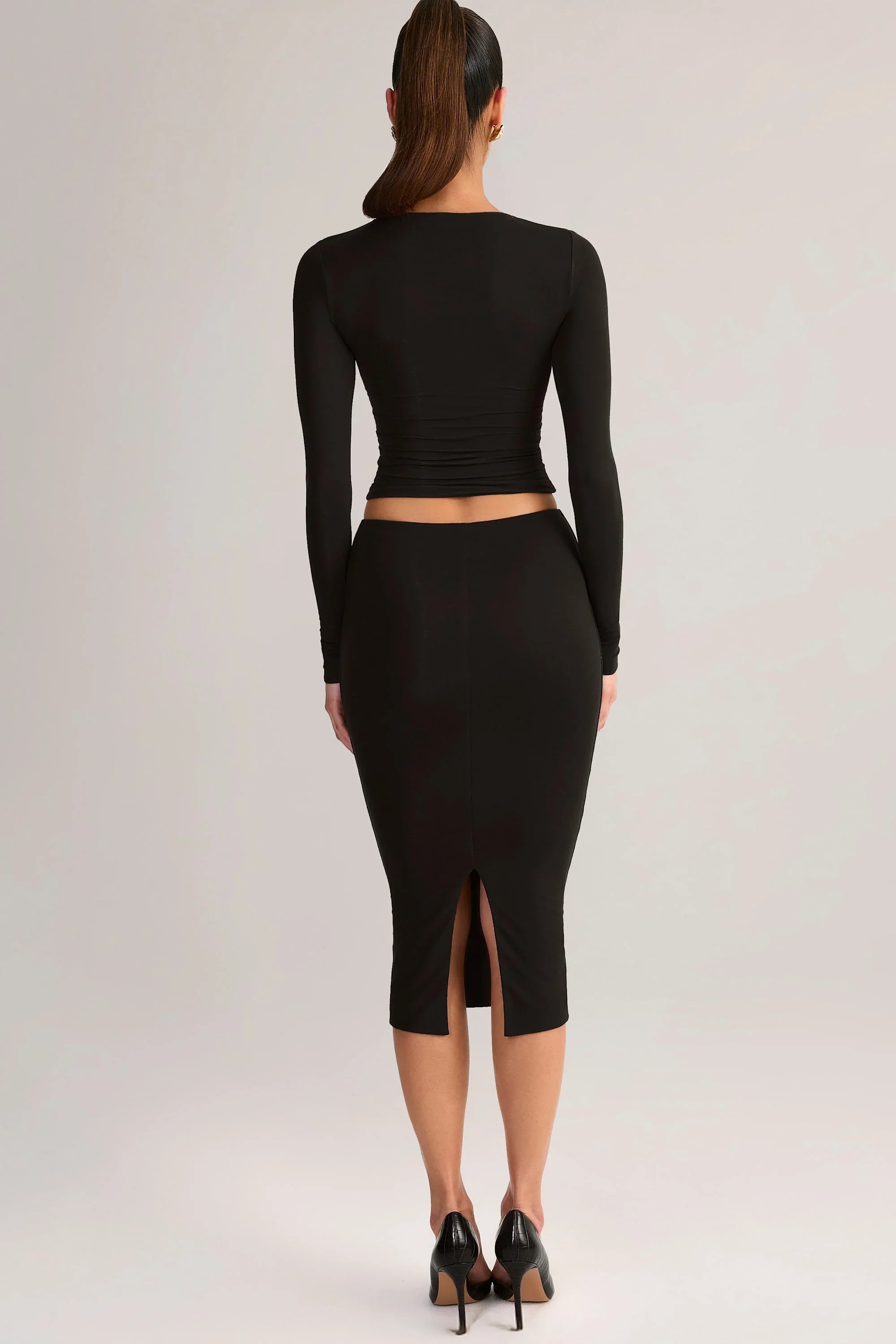 Modal Mid Rise Pencil Midi Skirt in Black