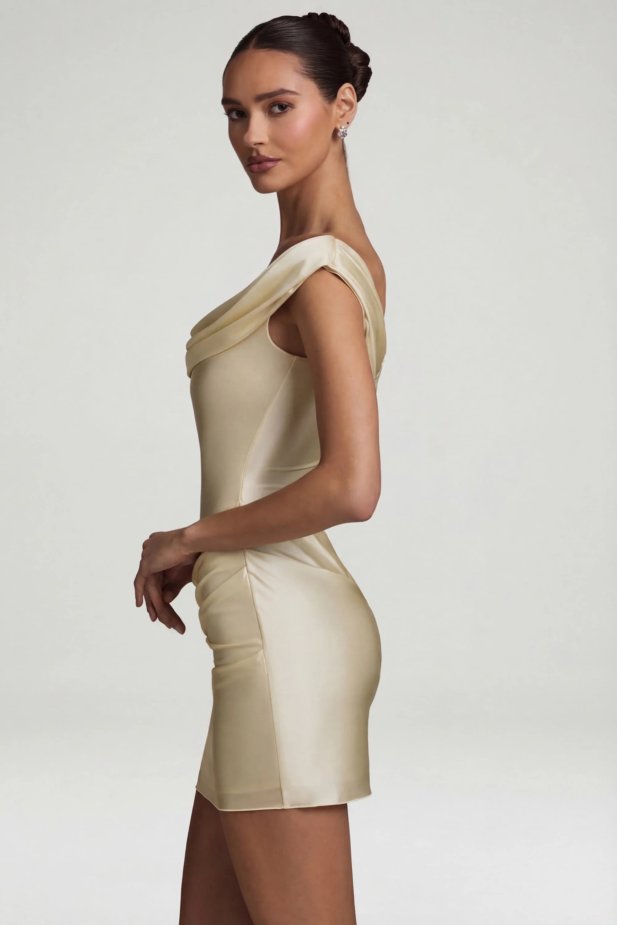 Satin Off Shoulder Draped Mini Dress in Ivory