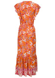 Flutter Sleeve Midi Dress Orange Multi