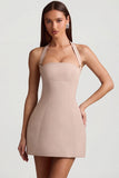 Pinstripe Halterneck Structured A Line Mini Dress in Mushroom