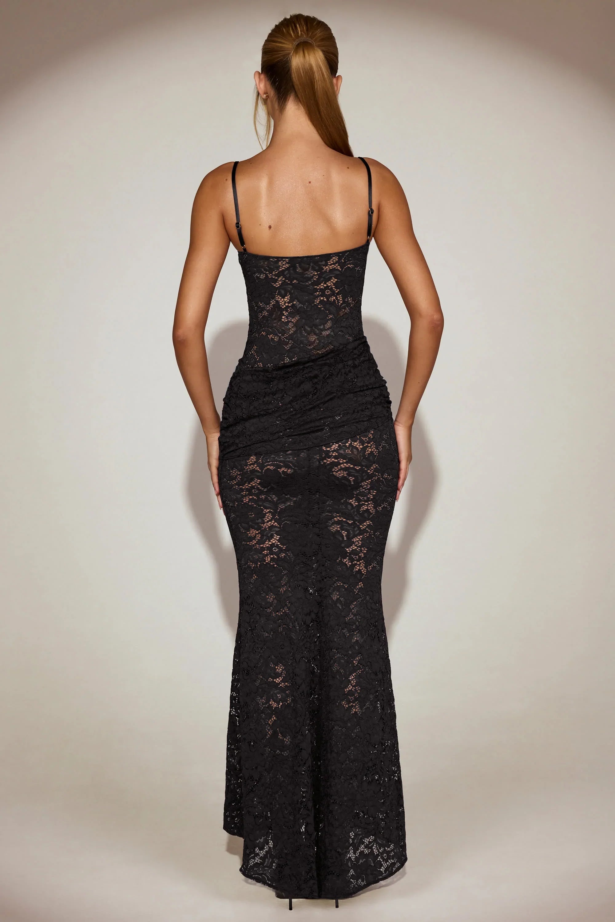 Sheer Lace Square Neck Ruched Gown in Black