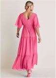 Flutter Sleeve Maxi Dress Hot Pink