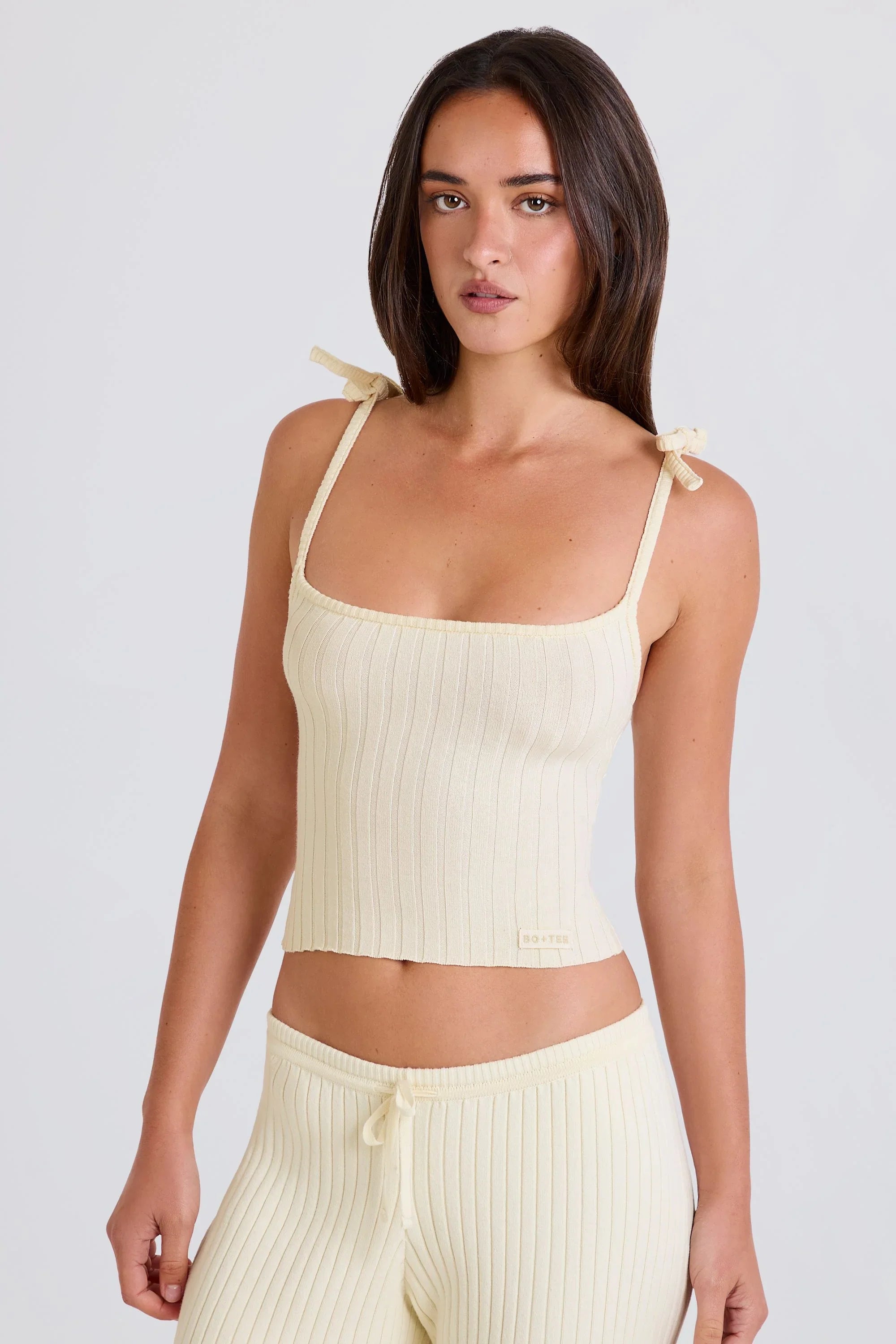 Ribbed Knit Tie Tank Top in Cream