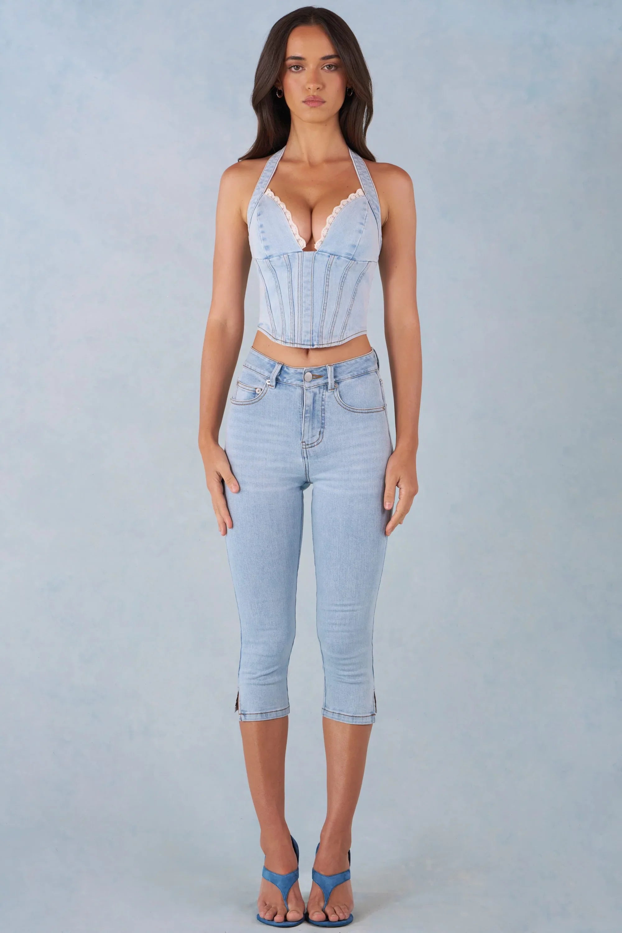 Mid Rise Denim Capri Jeans in Light Denim
