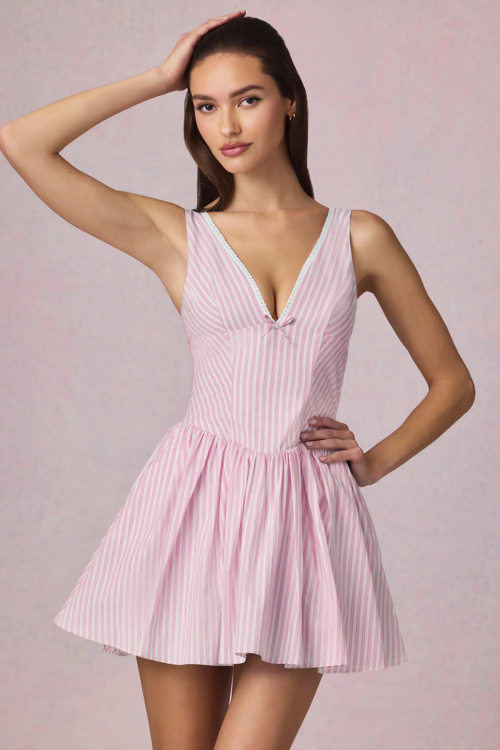 Bow Detail A Line Mini Dress in Soft Mauve Stripe