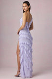 Asymmetric Ruffled Lace Up Gown in Lilac