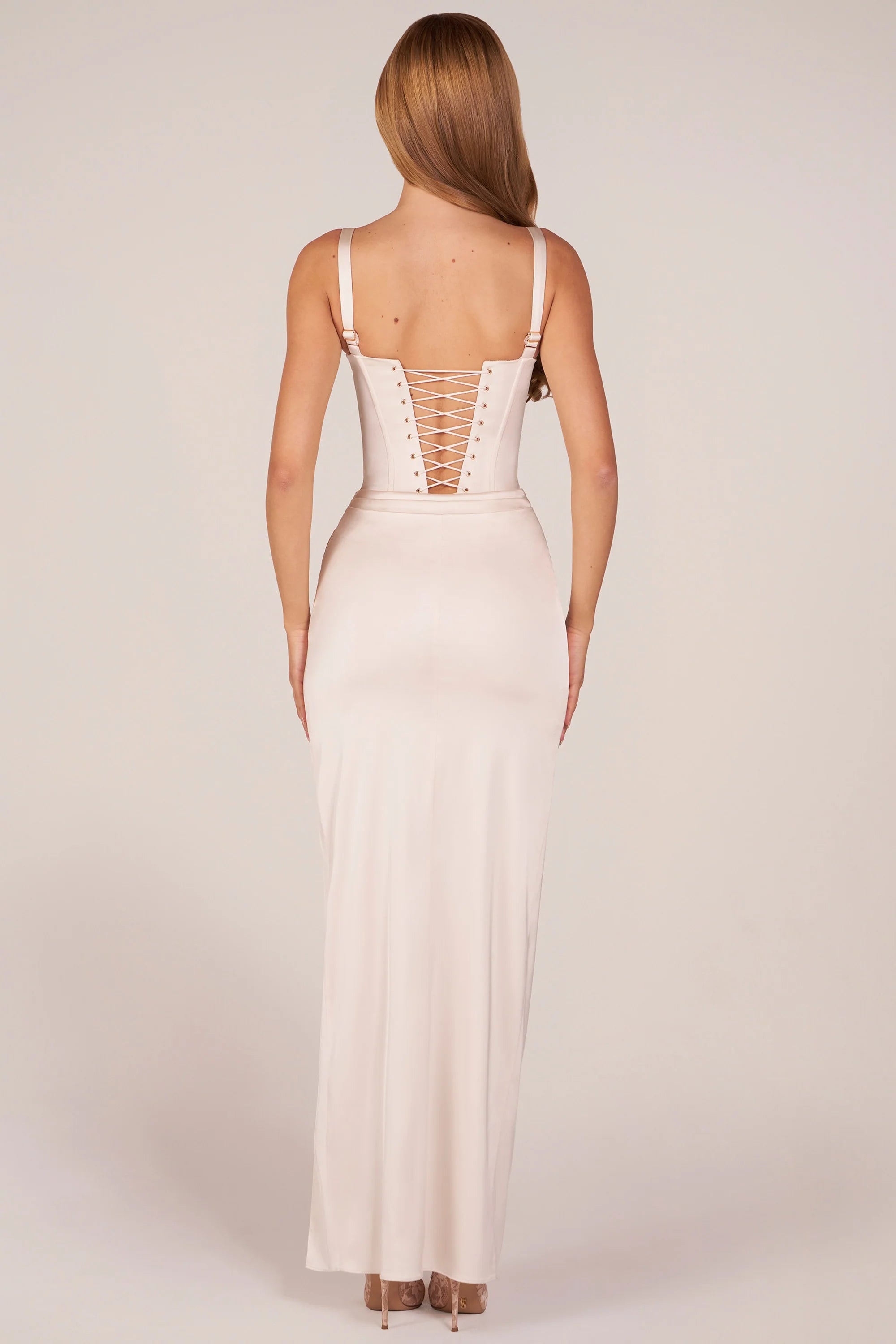 Corseted Thigh High Split Maxi Dress in Pearl