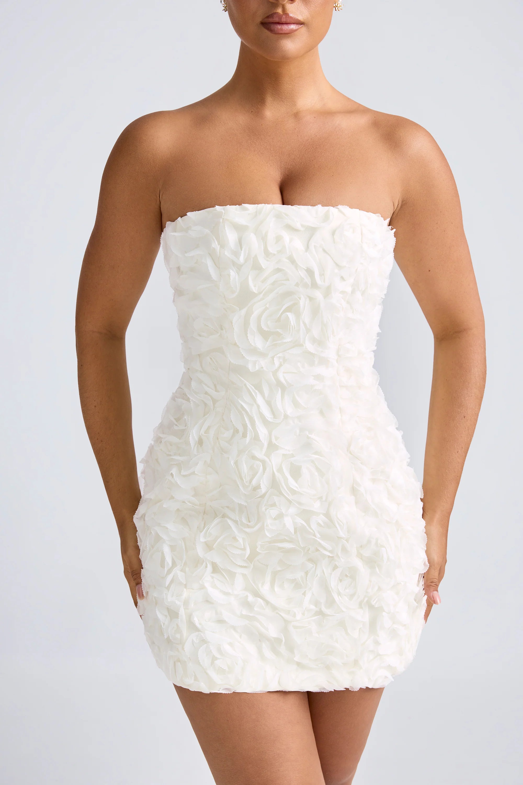 Floral Appliqué Bandeau A Line Mini Dress in White