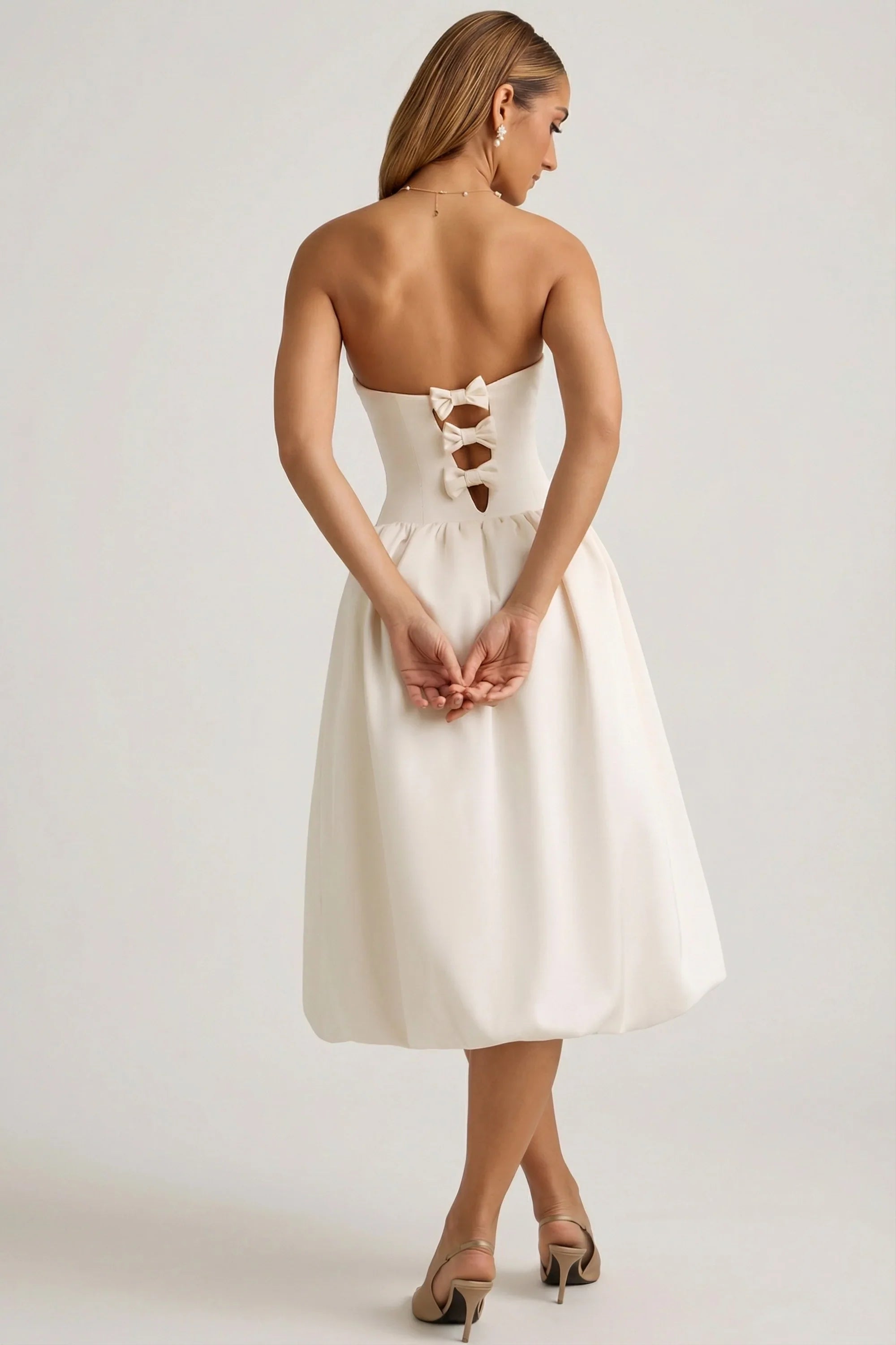 Convertible Bow Detail Bubble Hem Midaxi Dress in Ivory