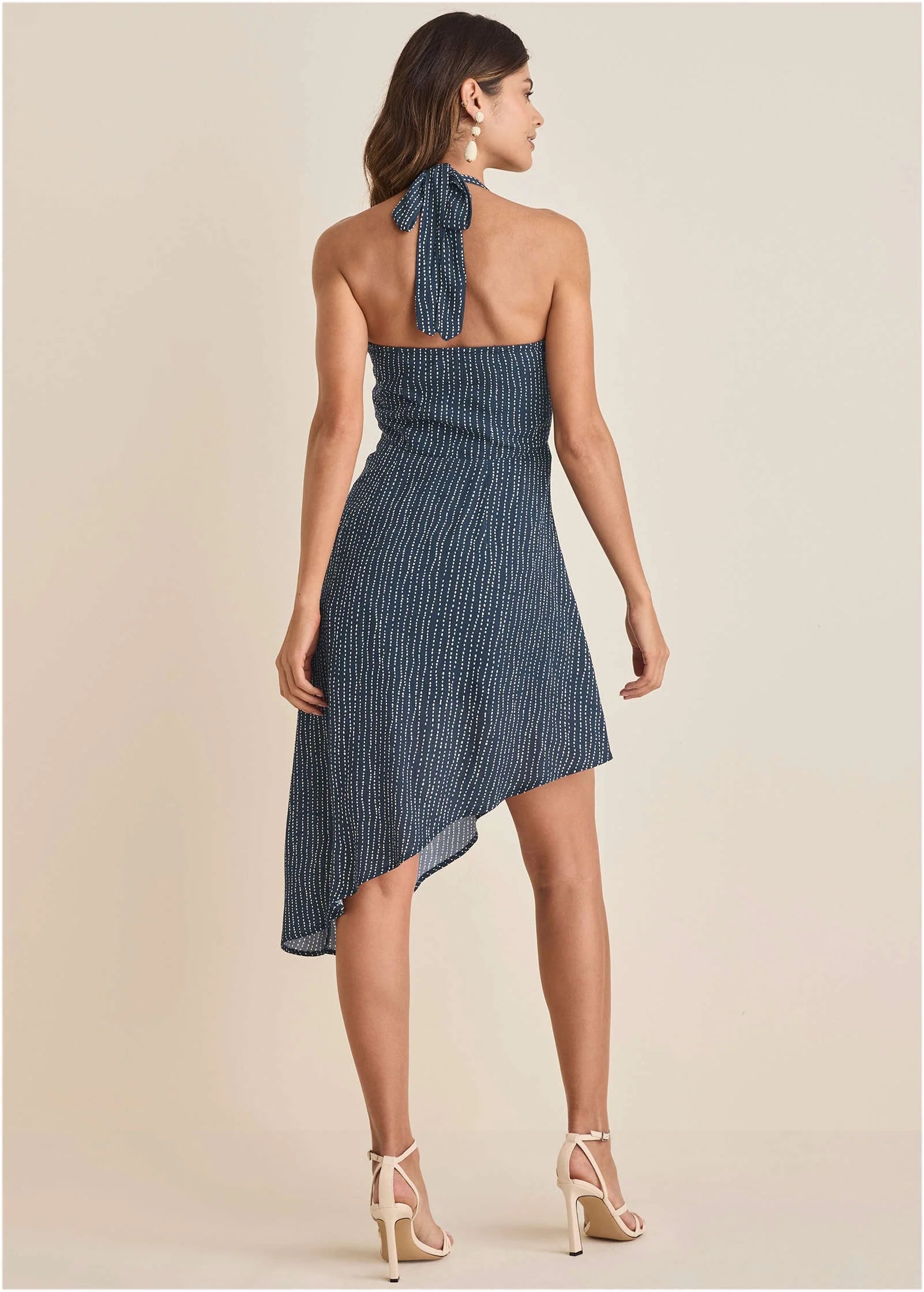 Halter High Low Dress Navy Dot Stripe
