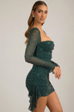 Embellished Cowl Neck Draped Mini Dress in Emerald Green