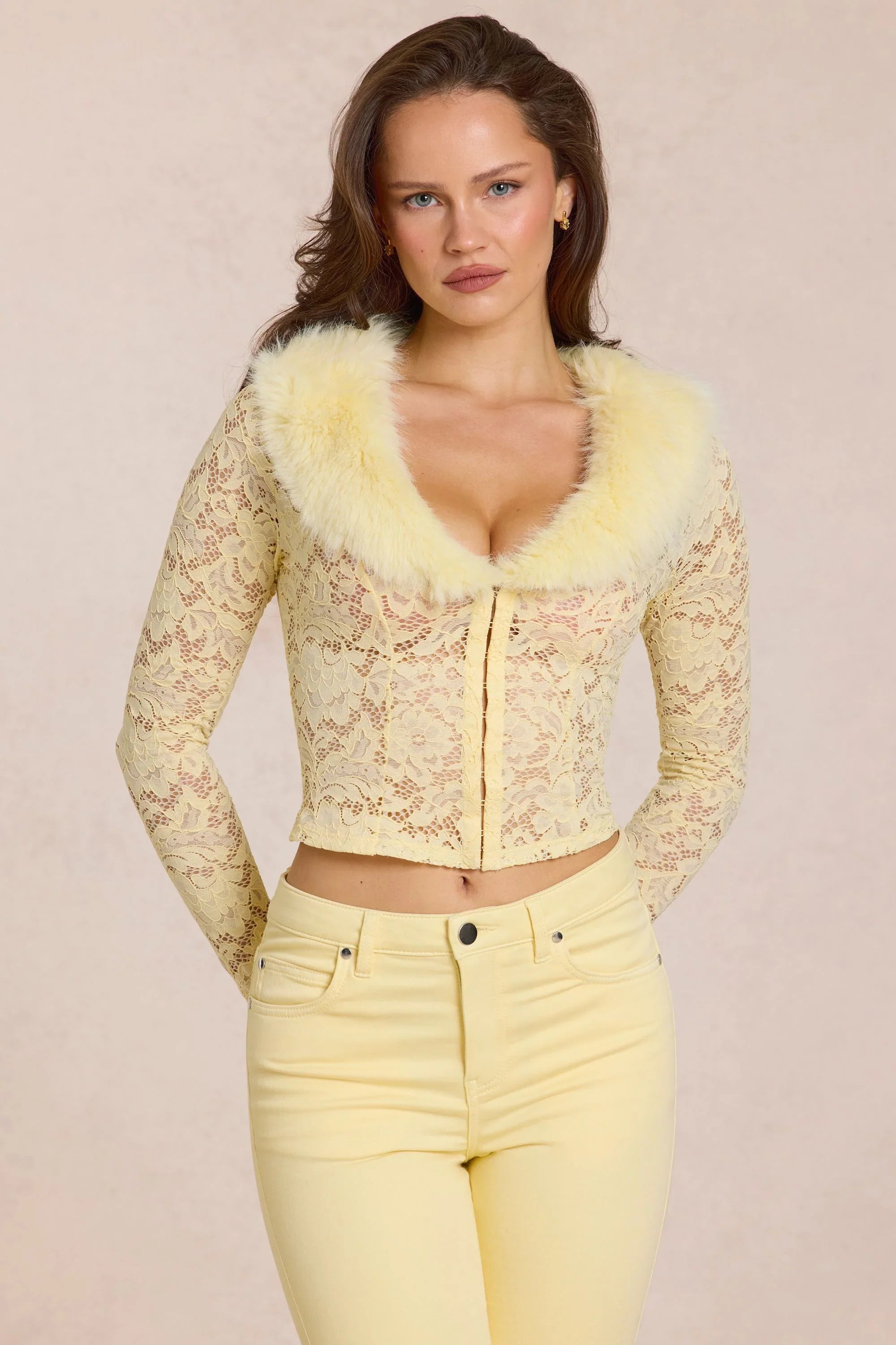 Lace Faux Fur Trim Cardigan in Lemon Yellow
