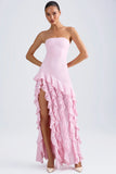 Ruffle Trim Strapless Gown in Light Pink