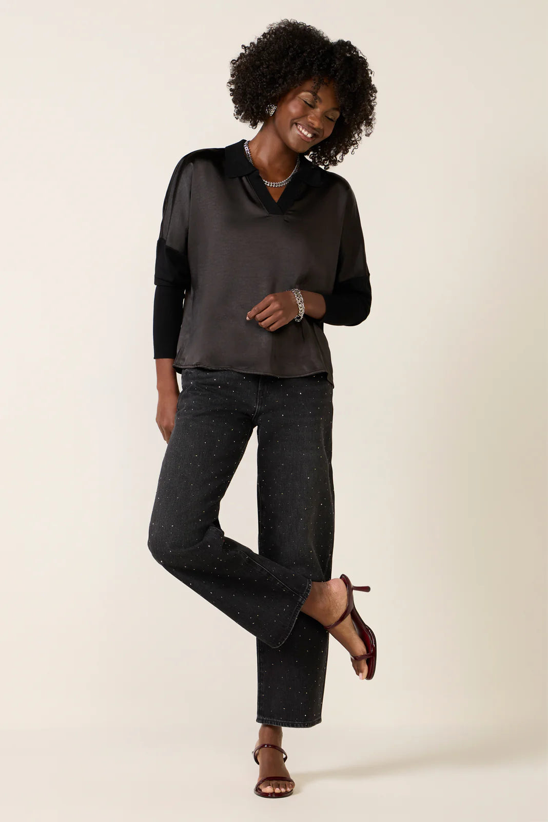 Tina Mixed Media Satin Top