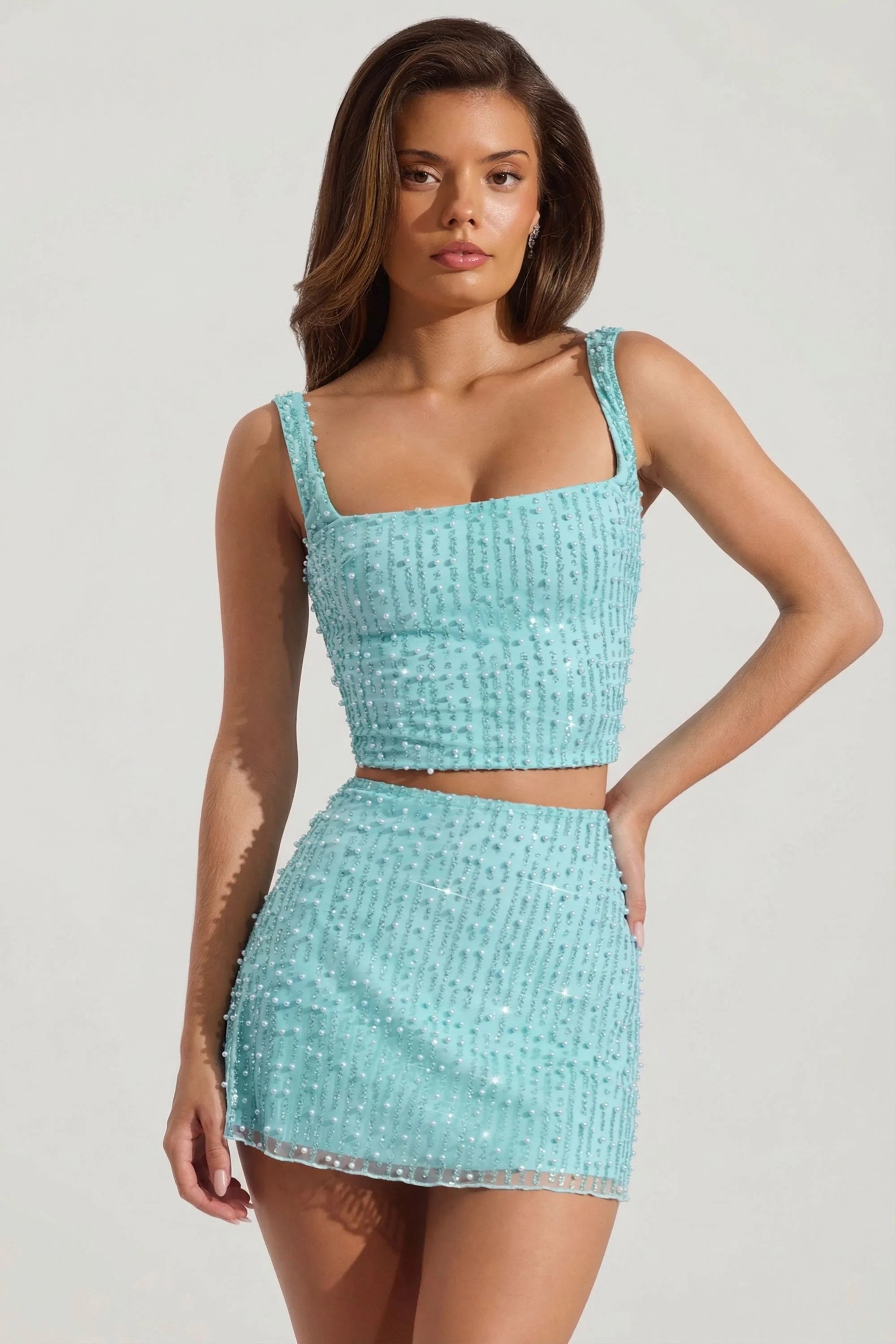 Embellished Low Rise Mini Skirt in Aqua Blue