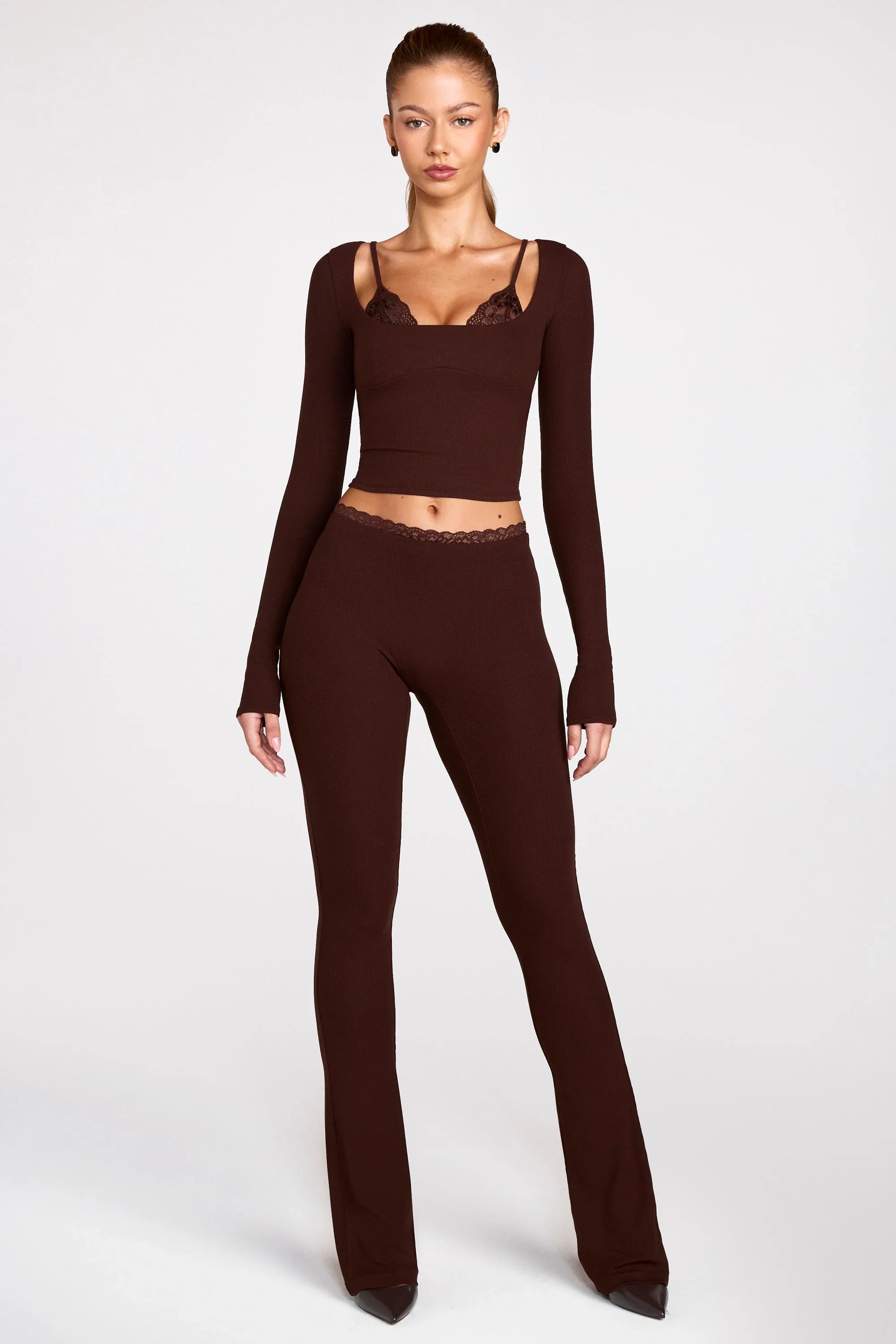 Modal Mid Rise Flared Trousers in Chocolate Brown