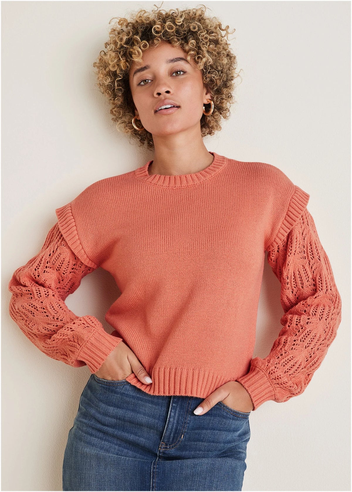 Pointelle Sleeve Crew Neck Burnt Coral