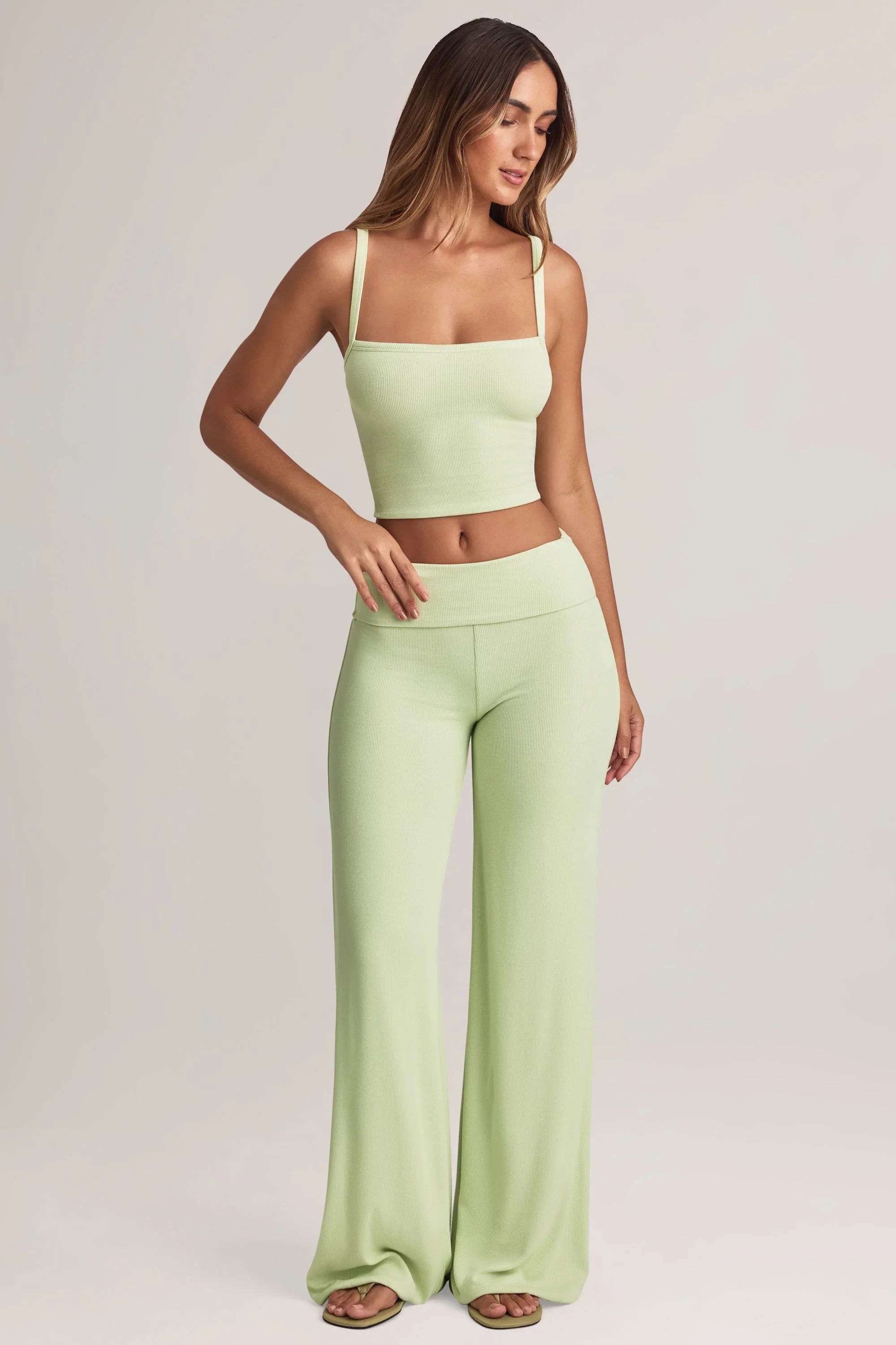 Modal Foldover Wide Leg Trousers in Sage Green