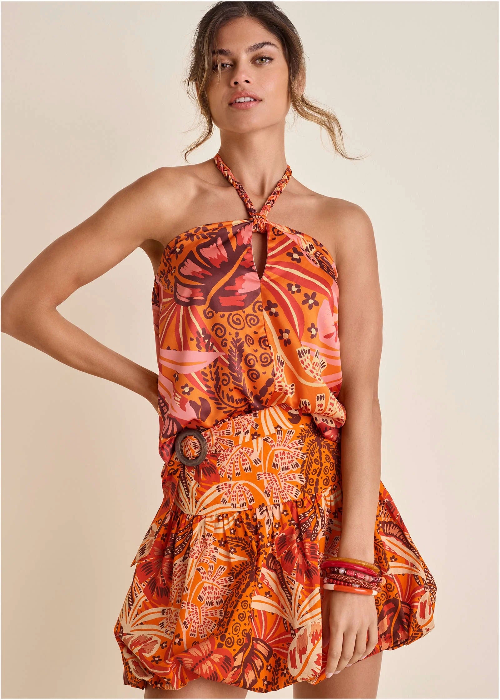 Printed Keyhole Halter Parrot Palm