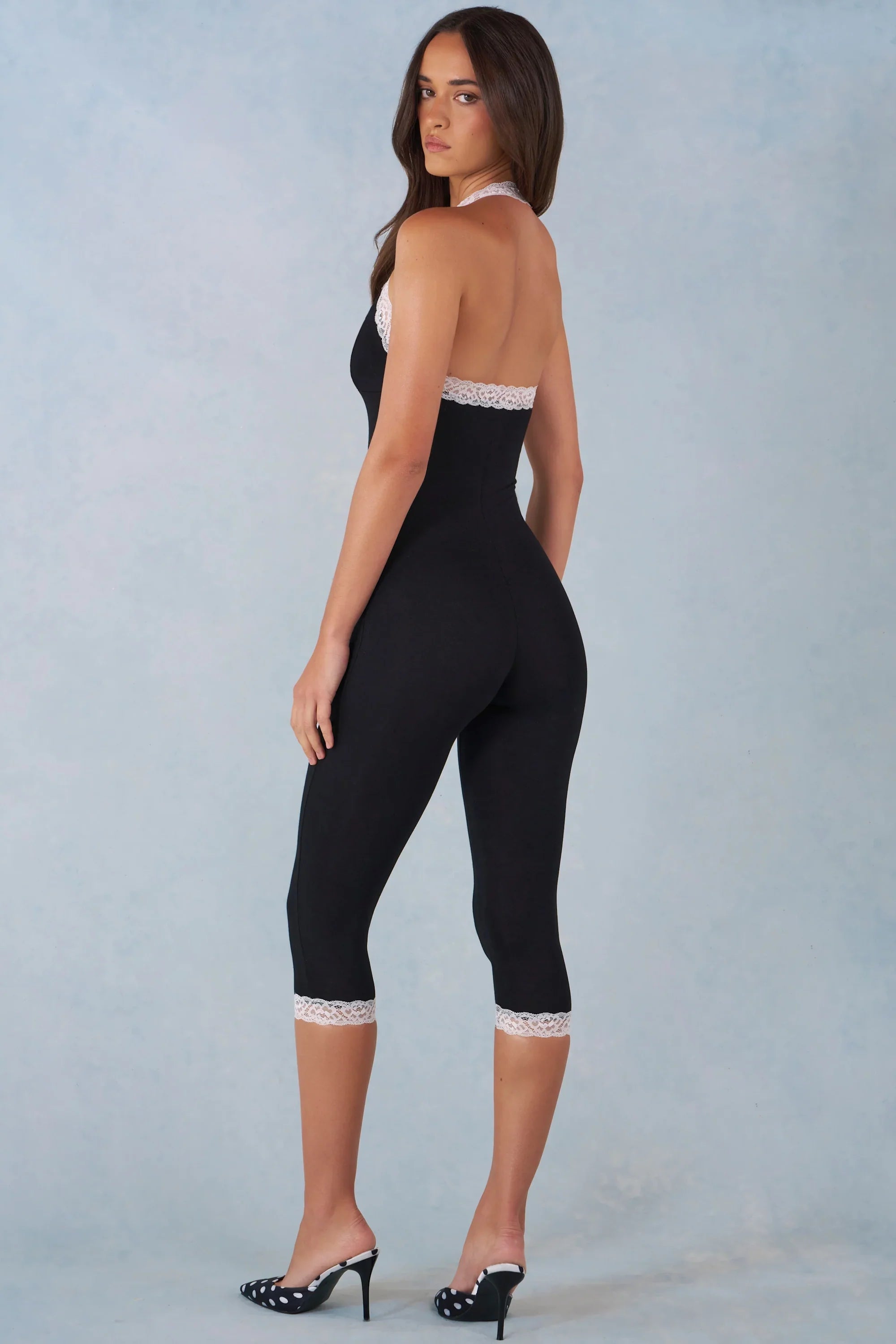 Modal Lace Trim Capri Jumpsuit in Black