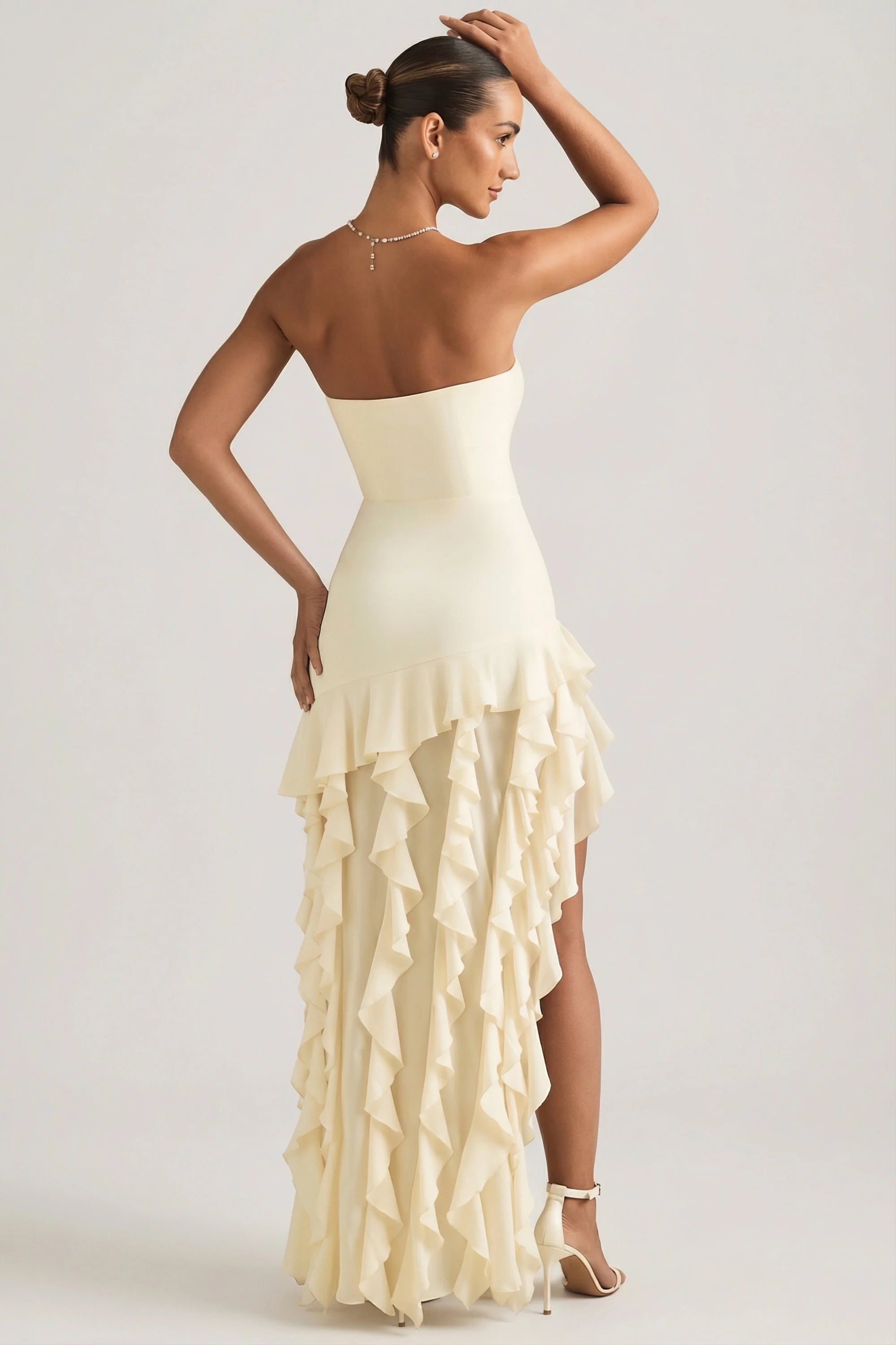 Ruffle Trim Strapless Gown in Ivory