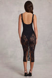 Sheer Lace Scalloped Plunge Bodysuit Midaxi Dress in Black