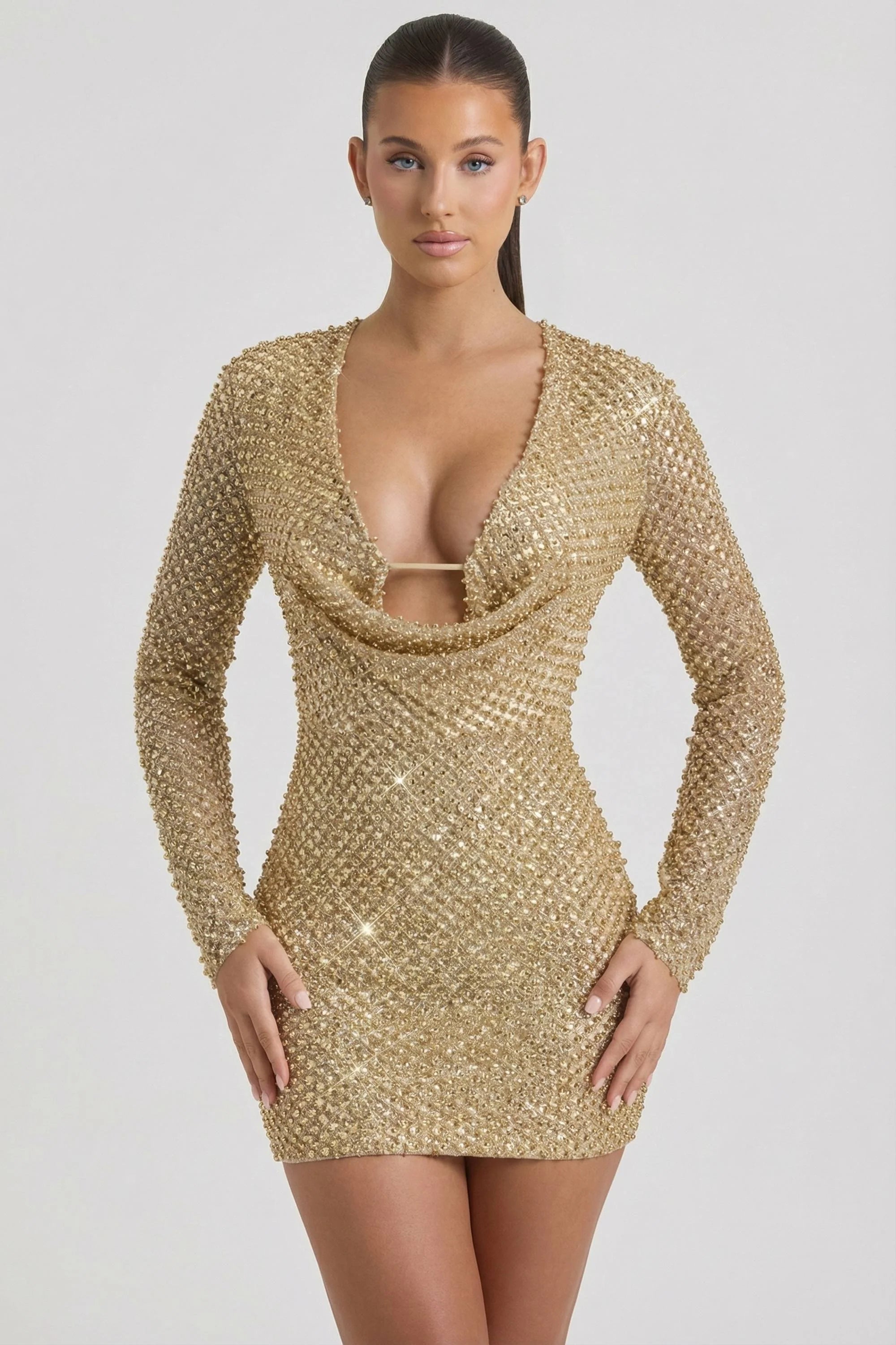 Embellished Cowl Neck Mini Dress in Gold