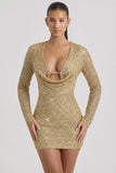 Embellished Cowl Neck Mini Dress in Gold