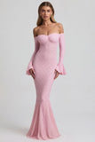 Off Shoulder Ruffle Lace Maxi Dress in Soft Pink
