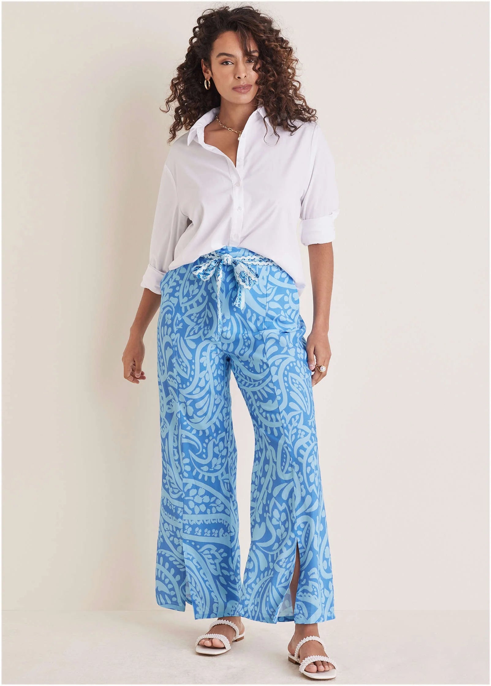 Front Slit Printed Pant Blue Allover Spring Paisley