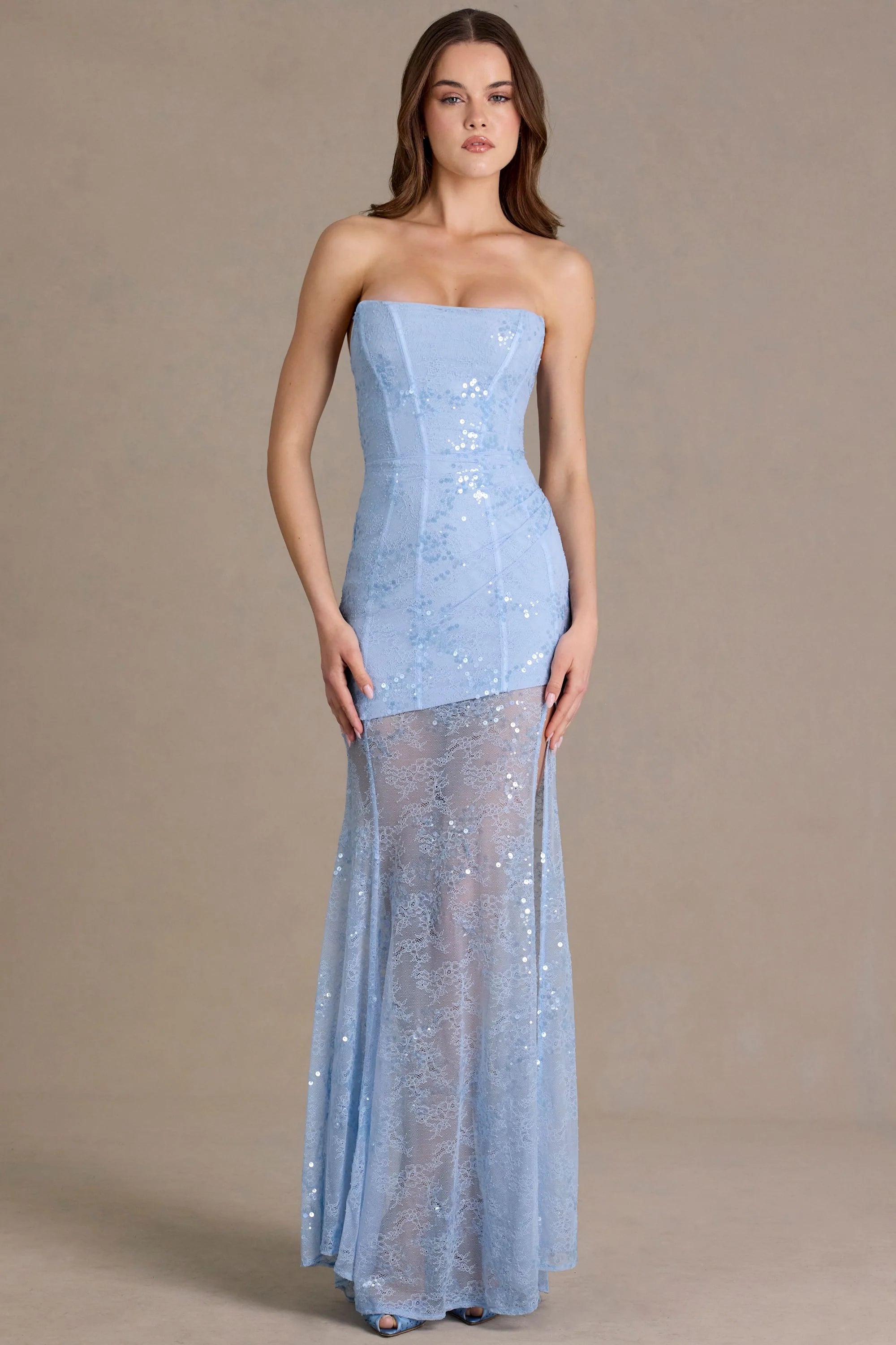 Embellished Lace Corset Gown in Sky Blue