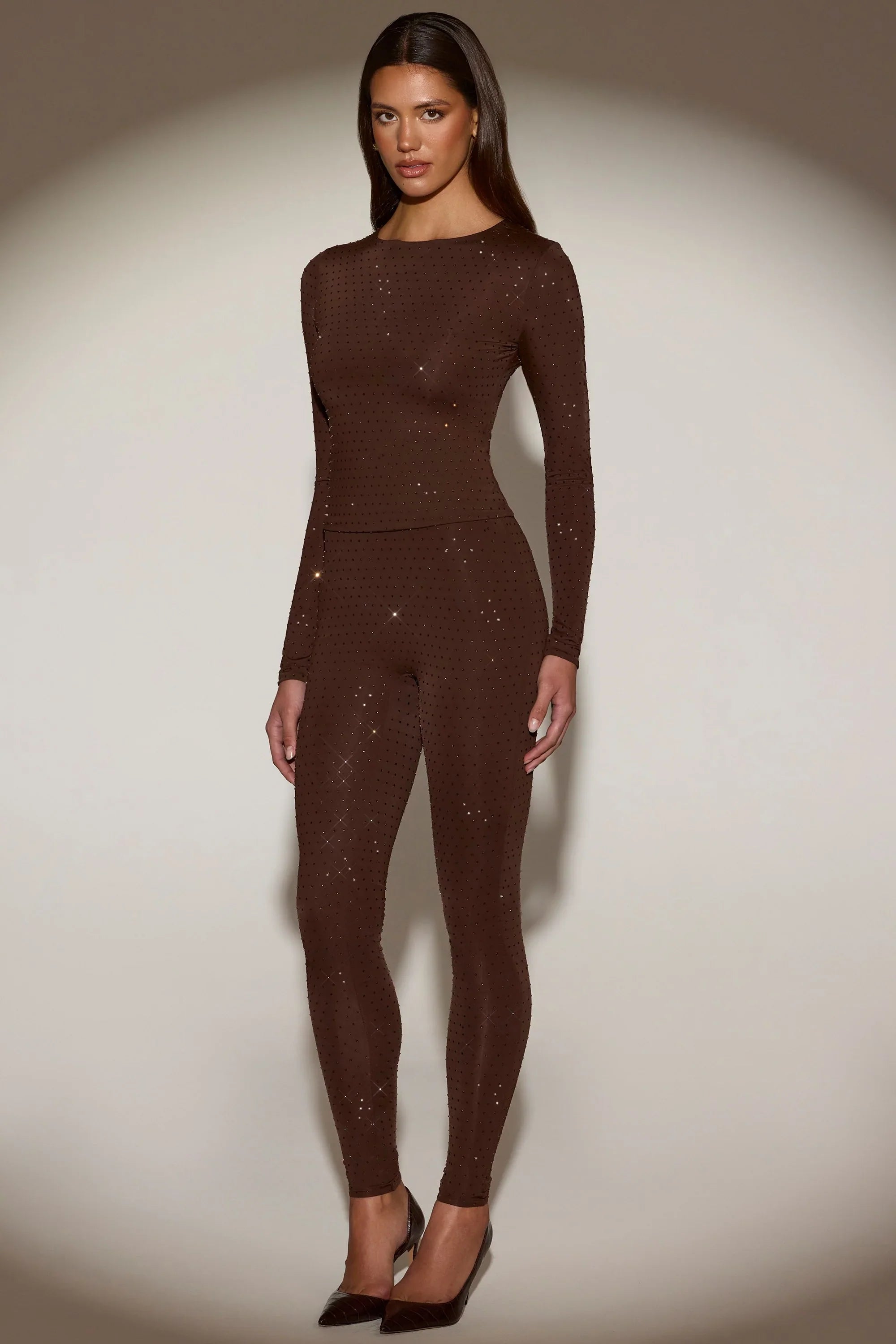Embellished Crew Neck Long Sleeve Top in Chocolate Brown