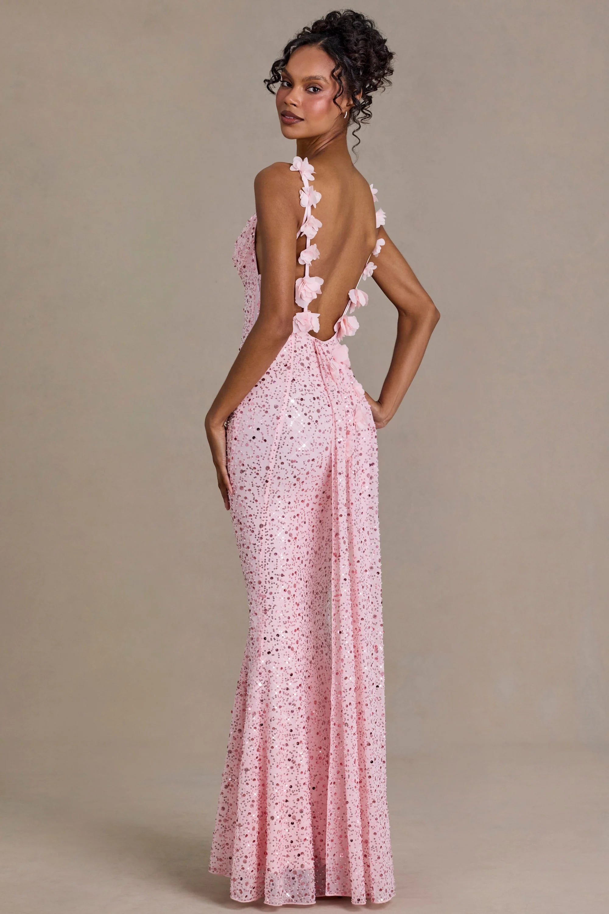 Embellished Open Back Maxi Dress in Baby Pink