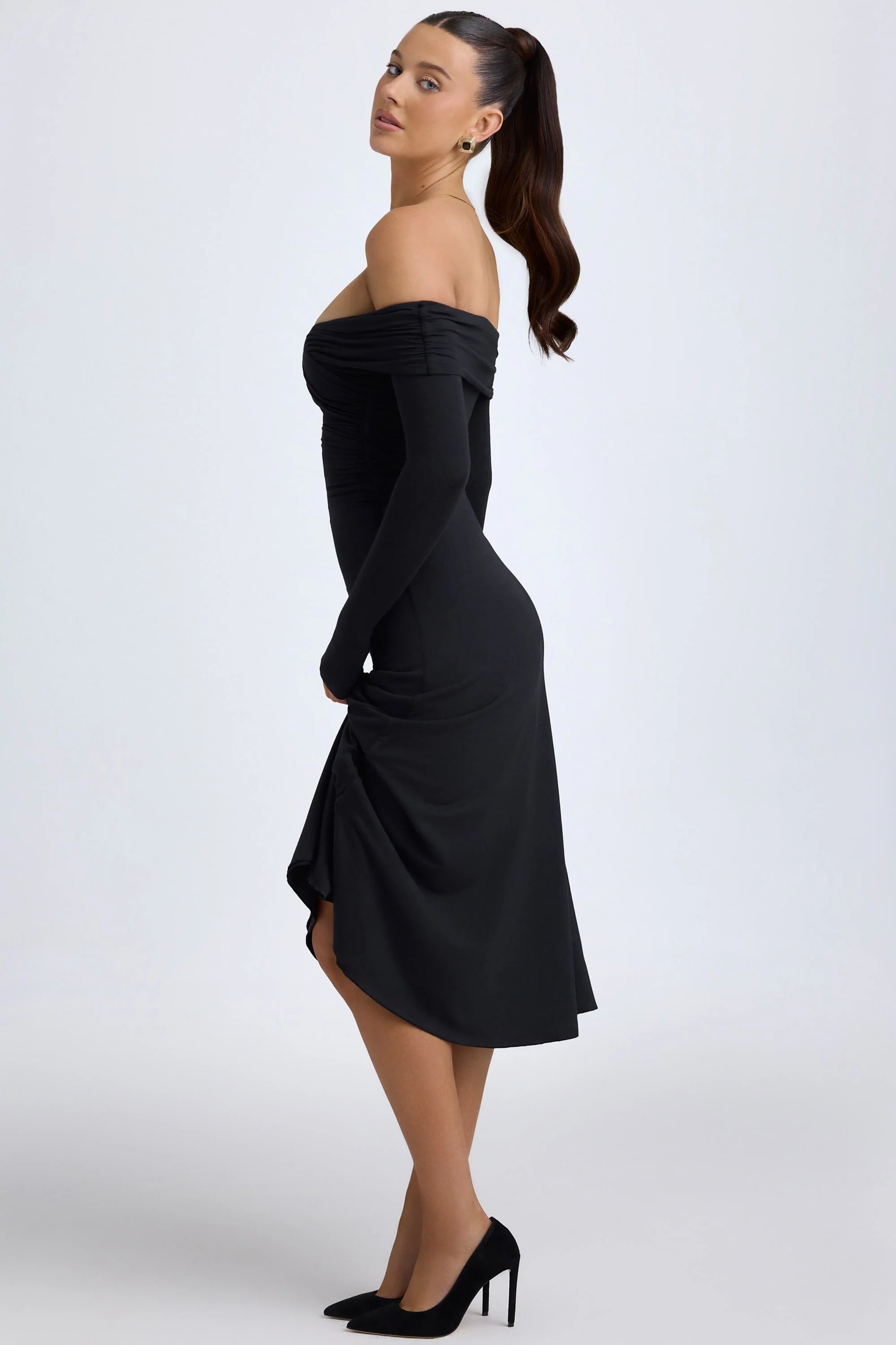 Modal Off Shoulder Ruched Midaxi Dress in Black