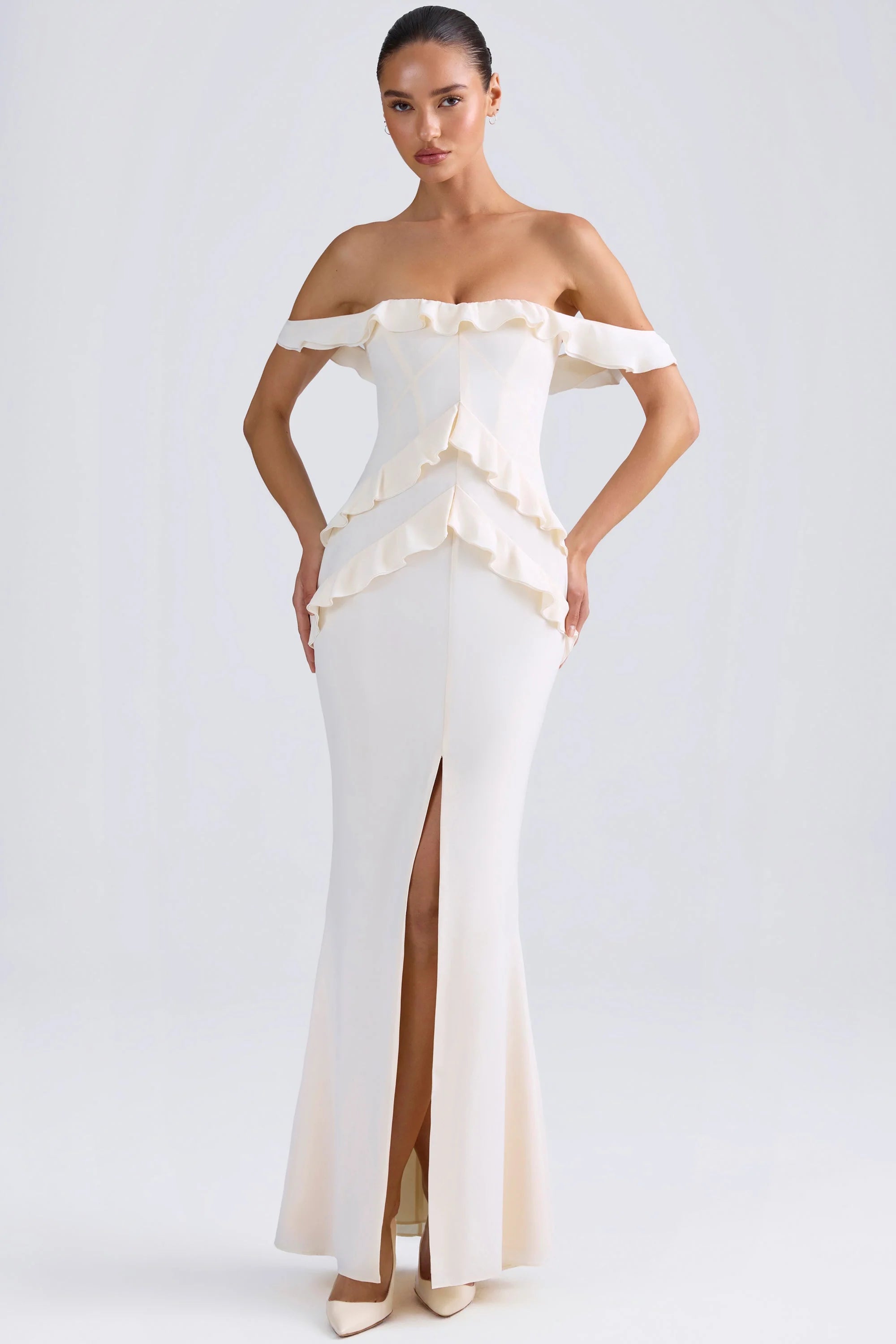 Off Shoulder Ruffle Trim Gown in Ivory