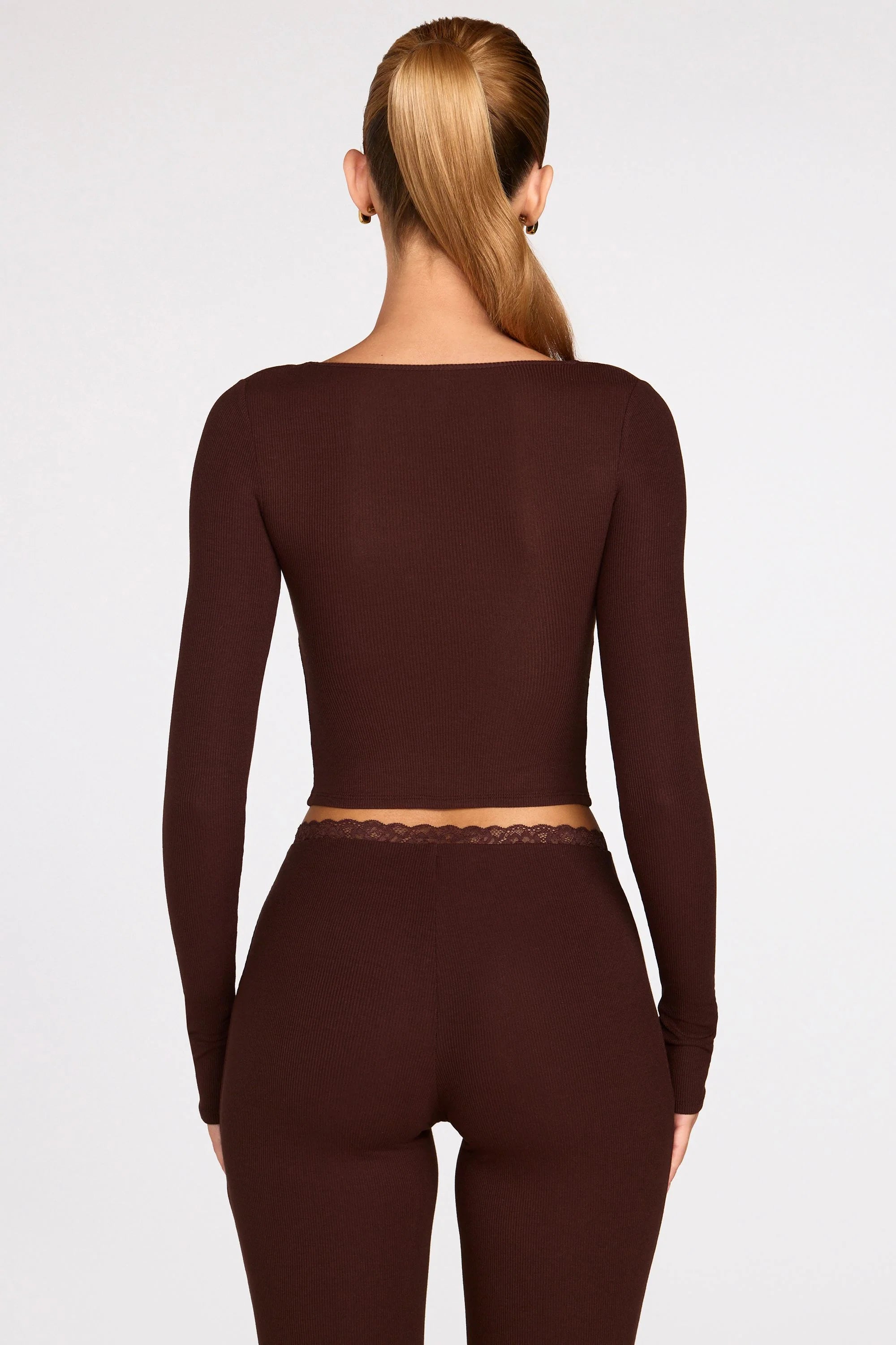 Ribbed Modal Long Sleeve Laced Bra Top in Chocolate Brown