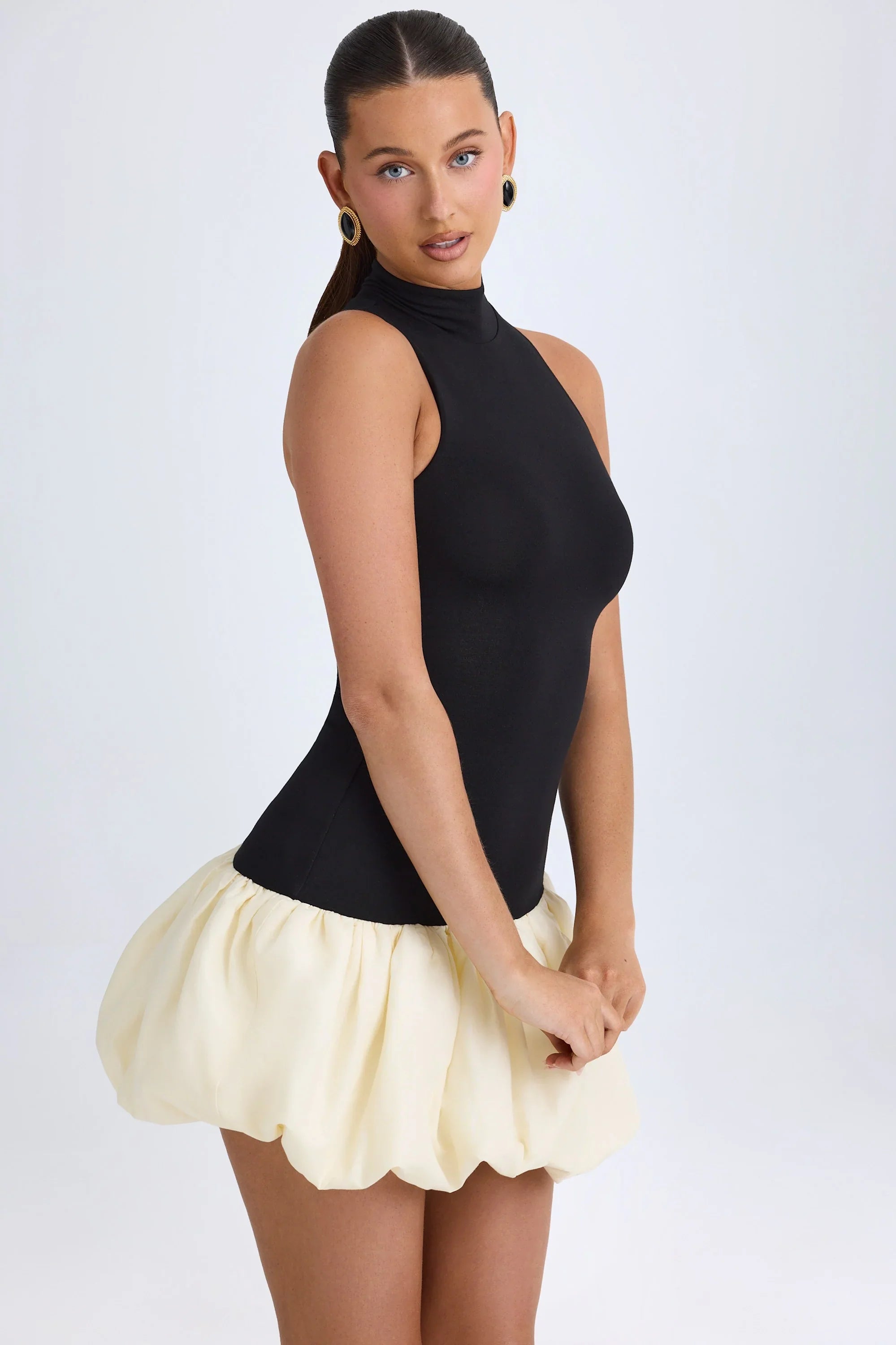 Modal Turtleneck Drop Waist Bubble Hem Mini Dress in Black