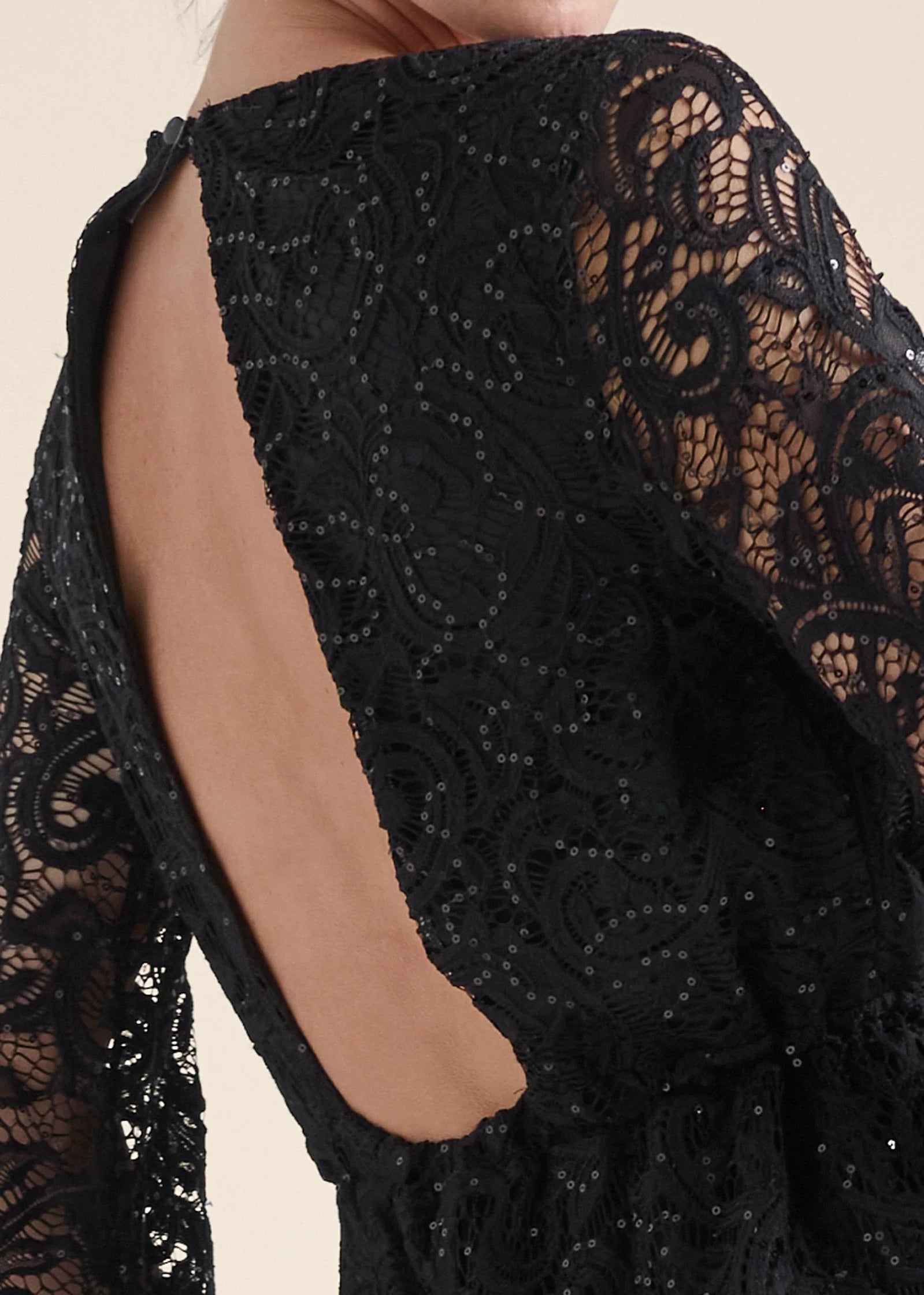 Sequin Lace Open Back Romper Black