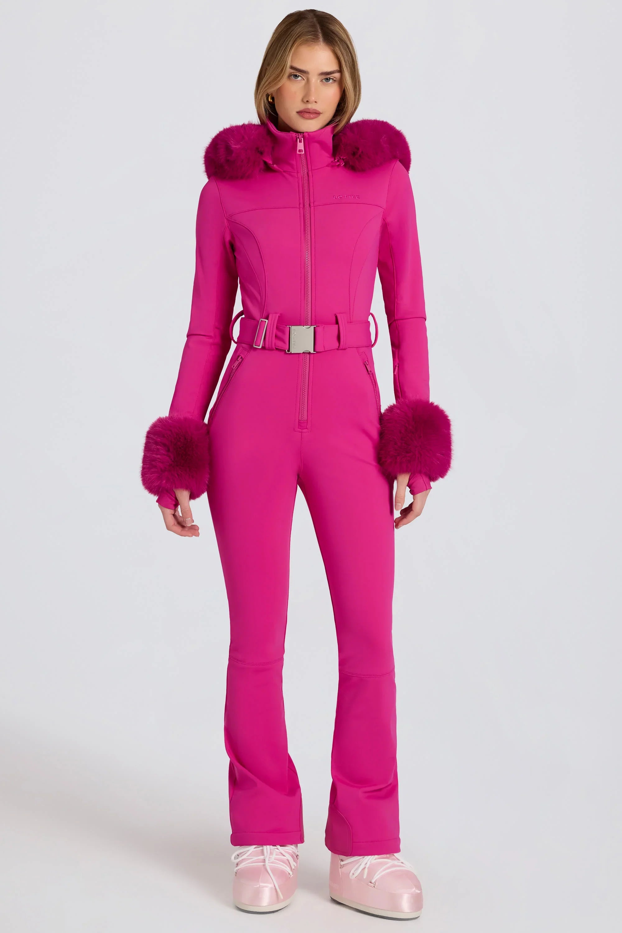 Waterproof Faux Fur Hood Fitted Ski Suit in Magenta Pink