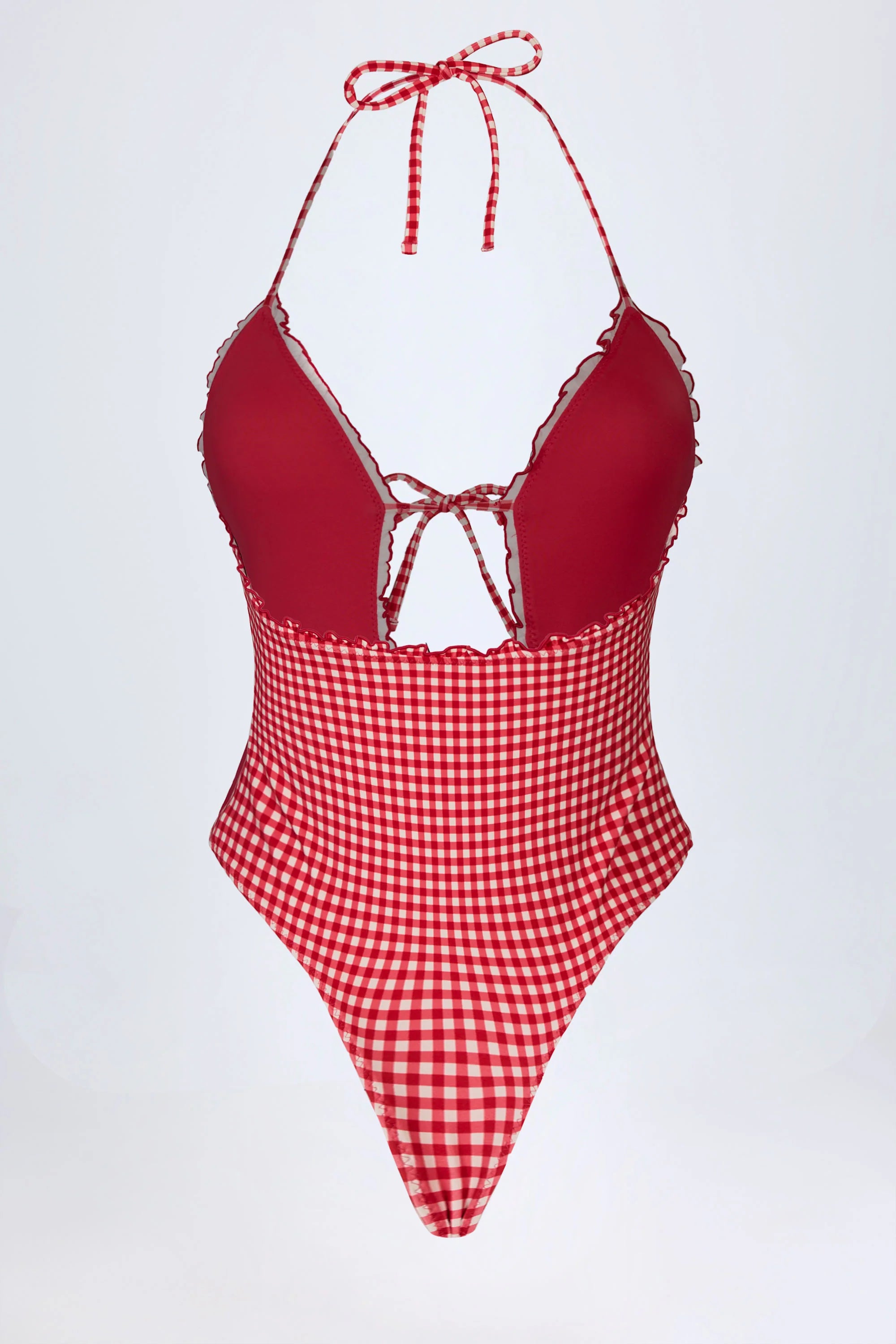 Ruffled Cut Out Halterneck Swimsuit in Red Gingham