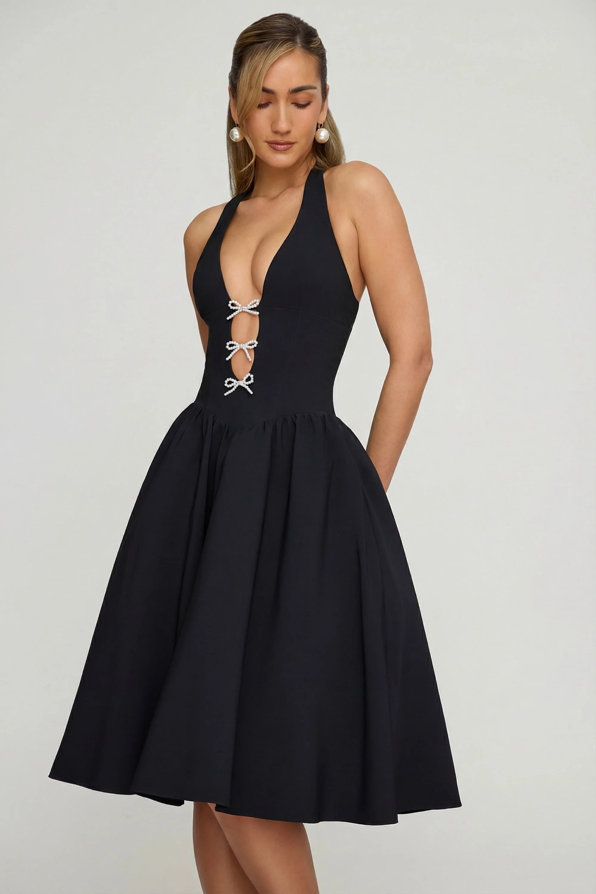 Halterneck Bow Detail Midi Dress in Black