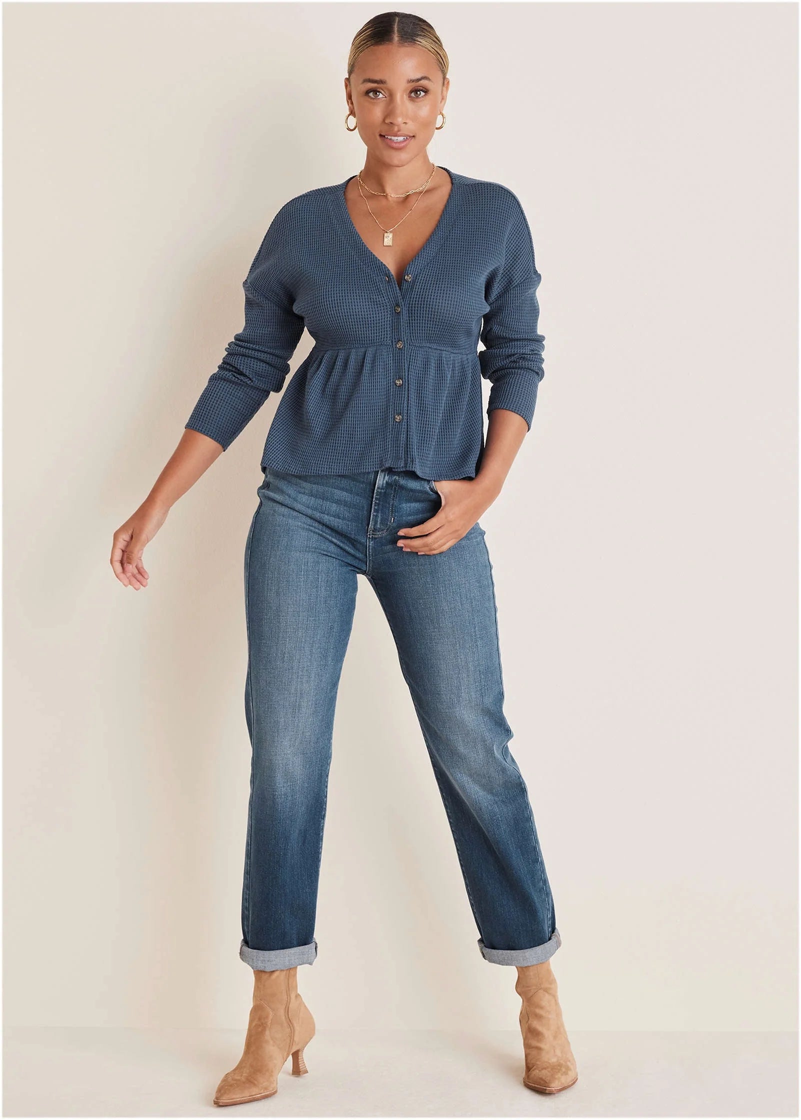 Waffle Babydoll Henley Vintage Indigo