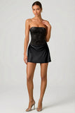 Embellished Draped Strapless A Line Mini Dress in Black