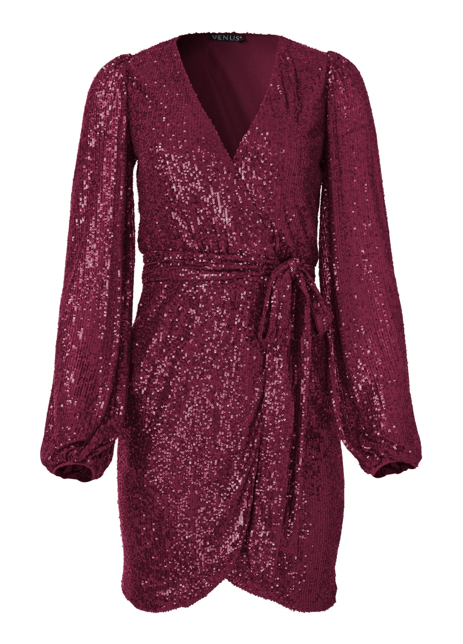 Belted Sequin Wrap Dress Wine