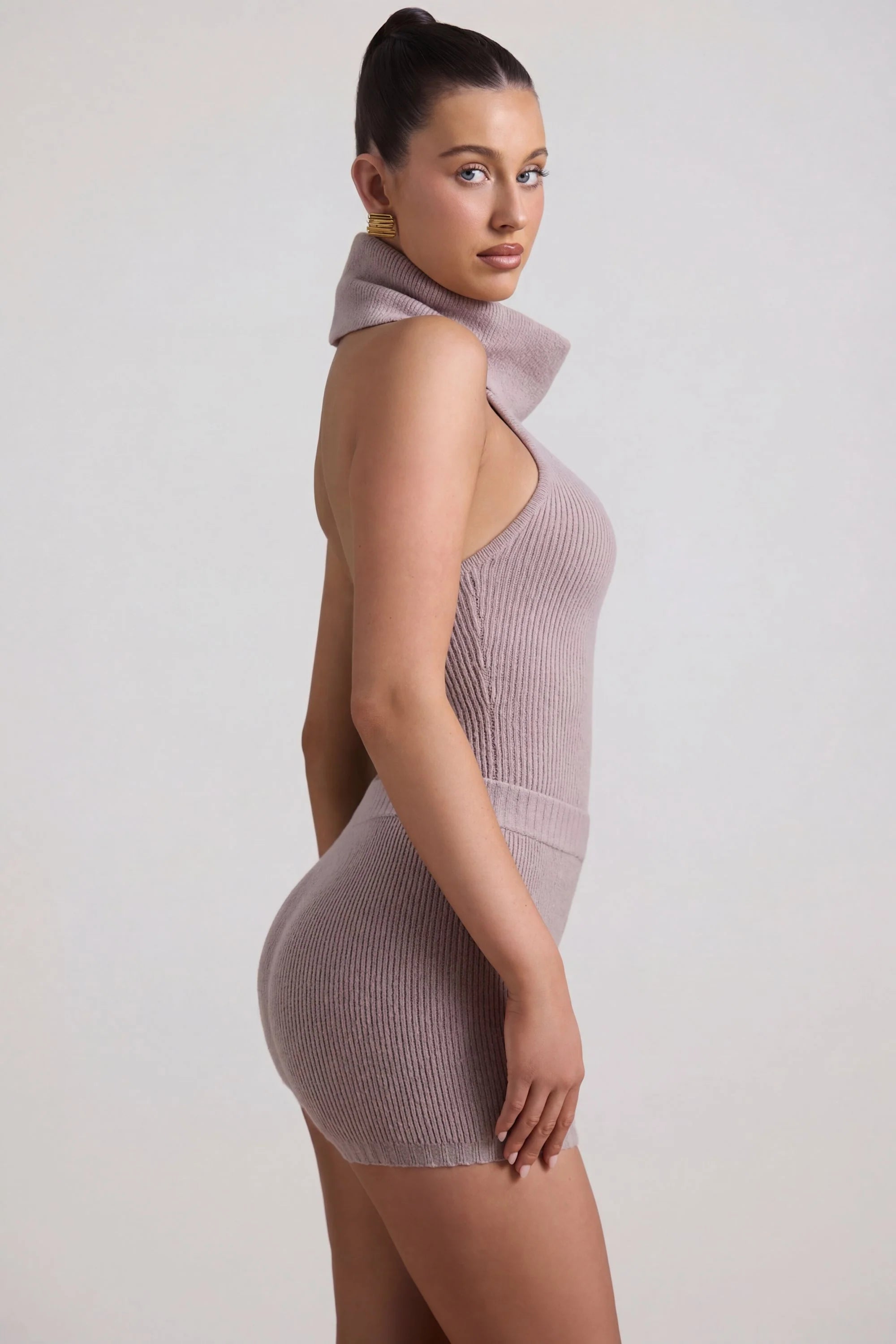 Ribbed Knit Turtleneck Backless Top in Taupe
