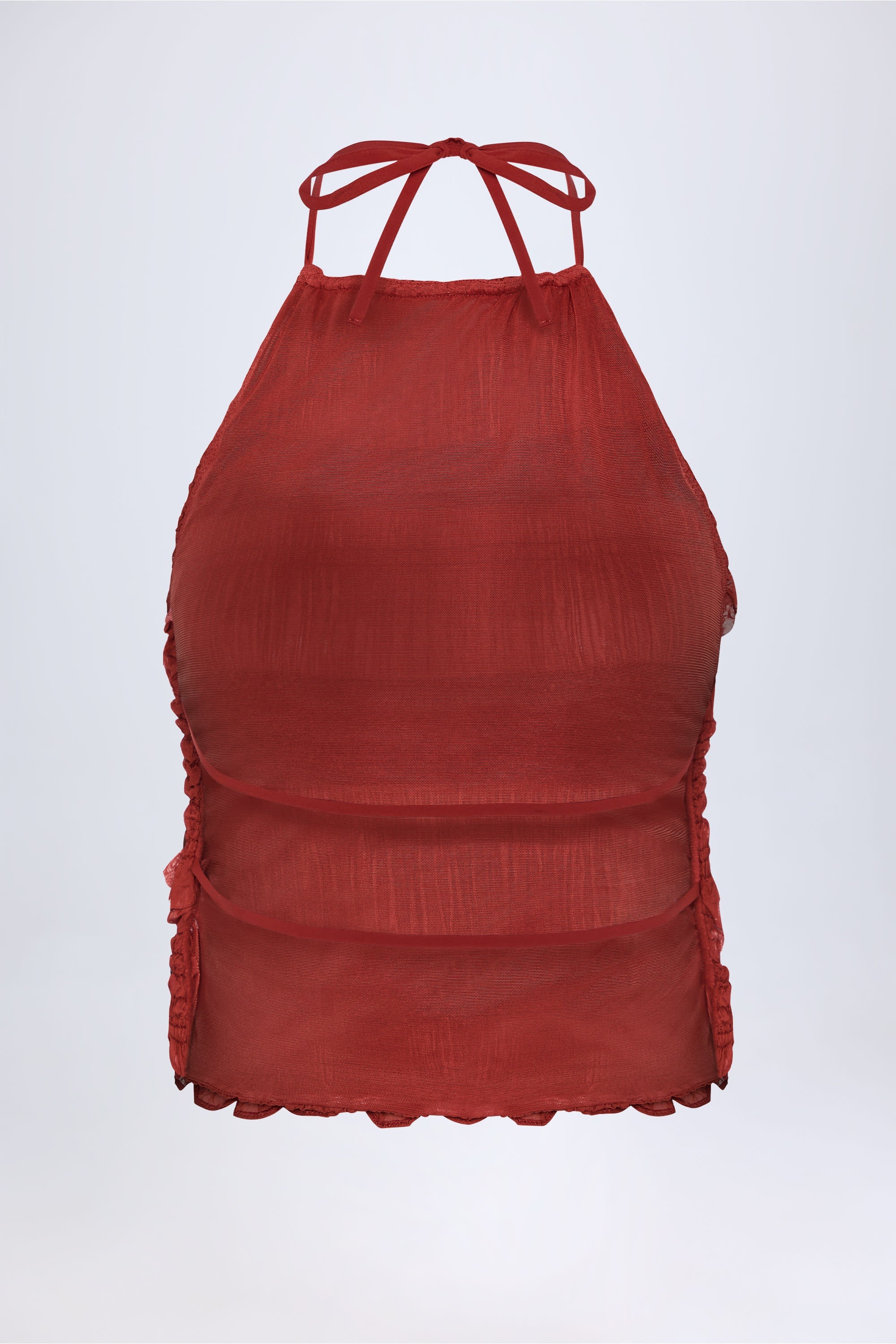 Ruffled High Neck Backless Top in Burnt Red