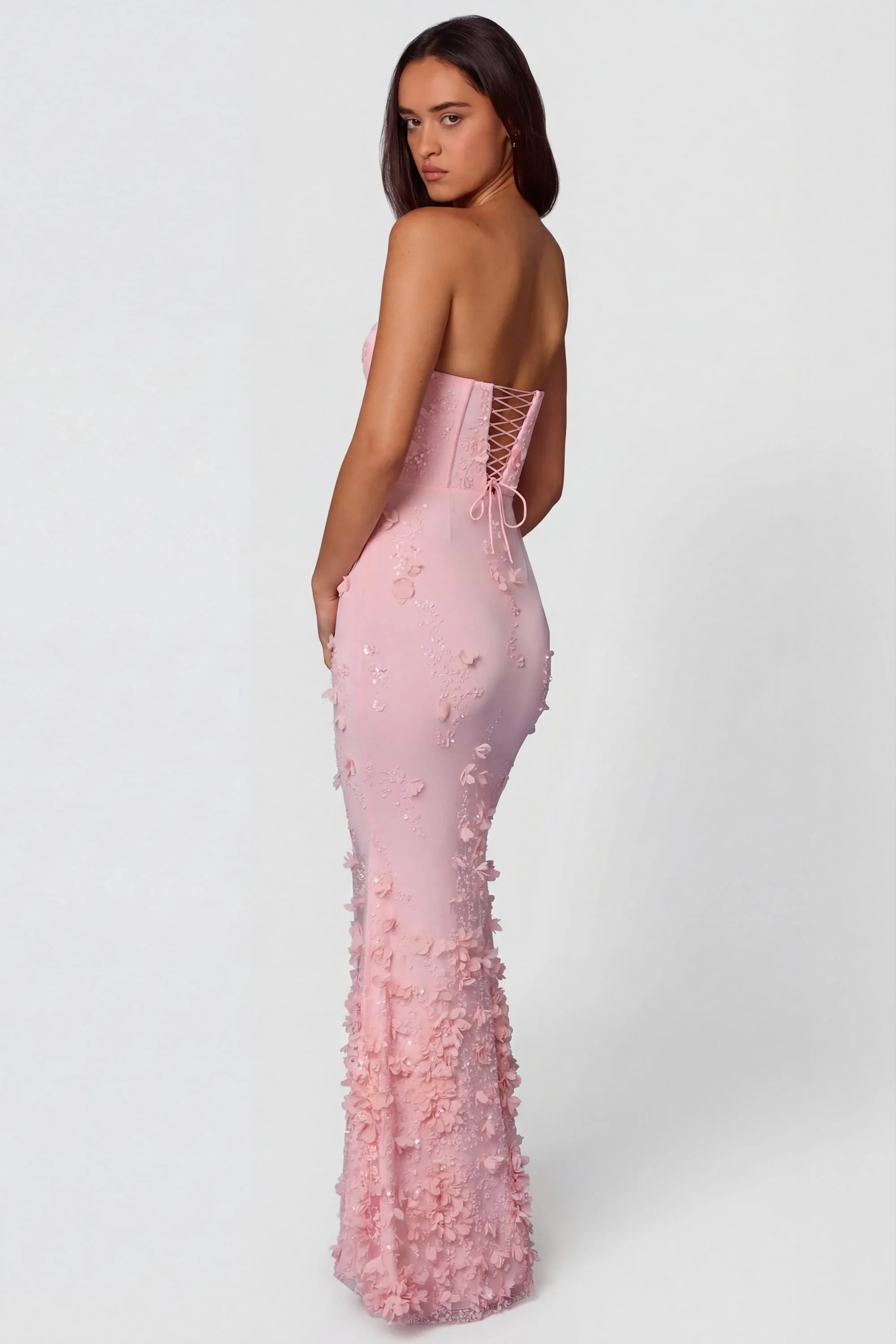 Lace Up Corset Maxi Dress in Soft Pink
