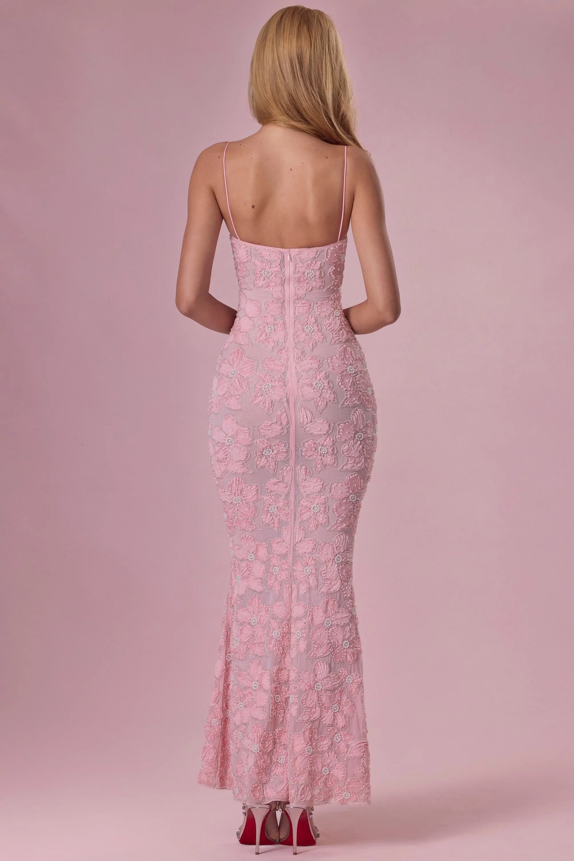 Embellished Square Neck Maxi Dress in Blush
