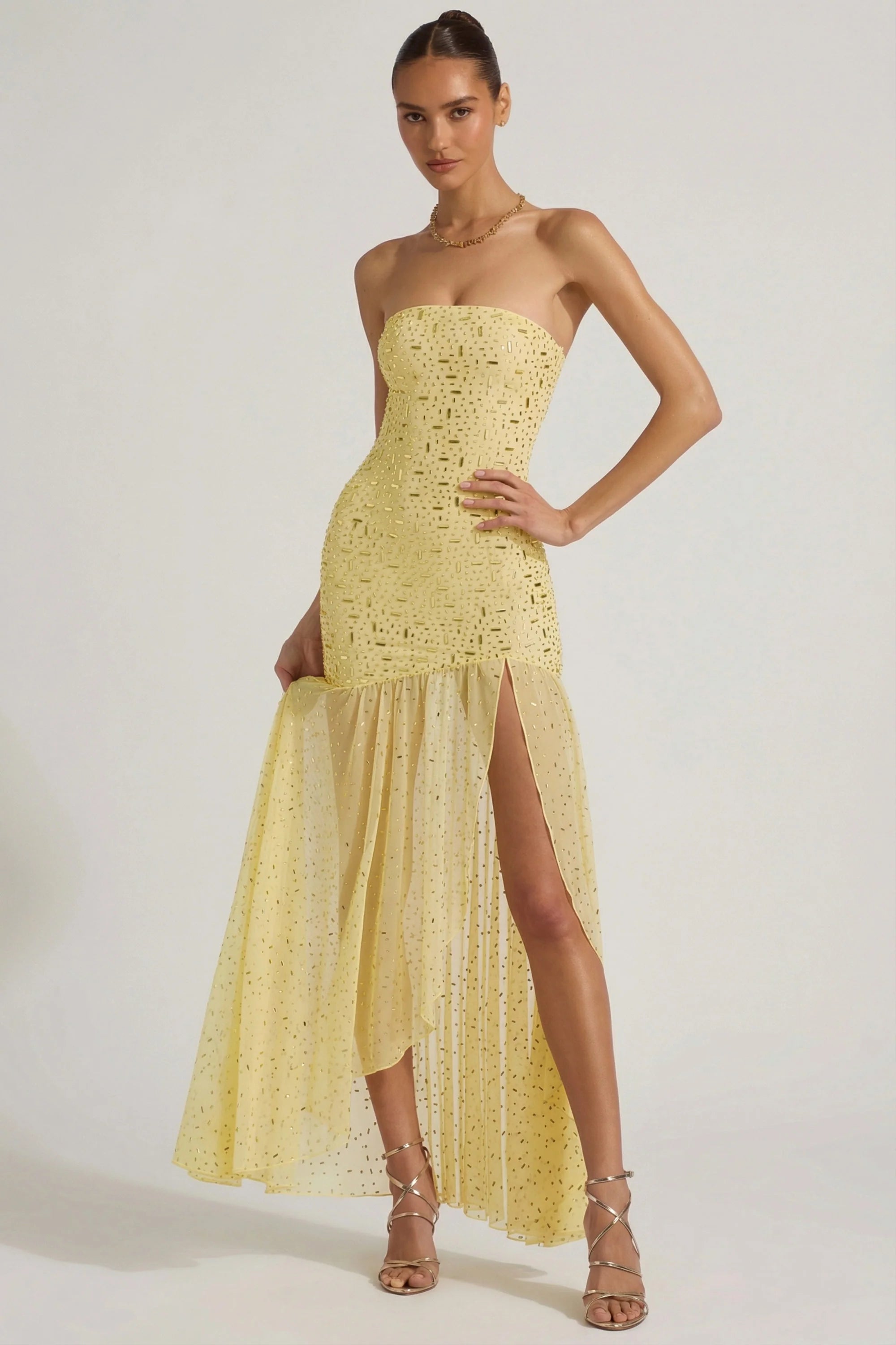 Semi Sheer Embellished Asymmetric Maxi Dress in Yellow