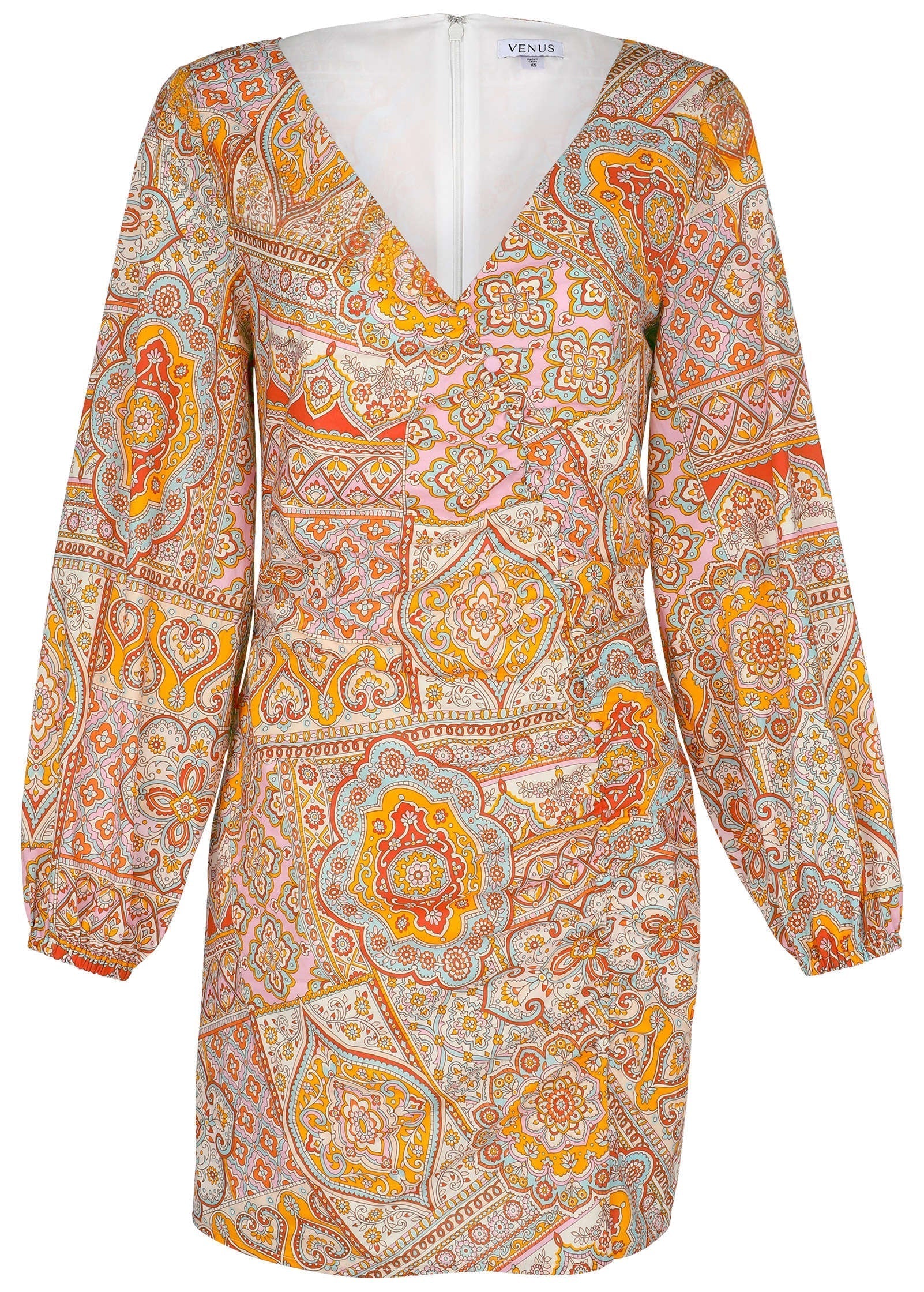 Balloon Sleeve Mini Dress Medallion Golden Patchwork
